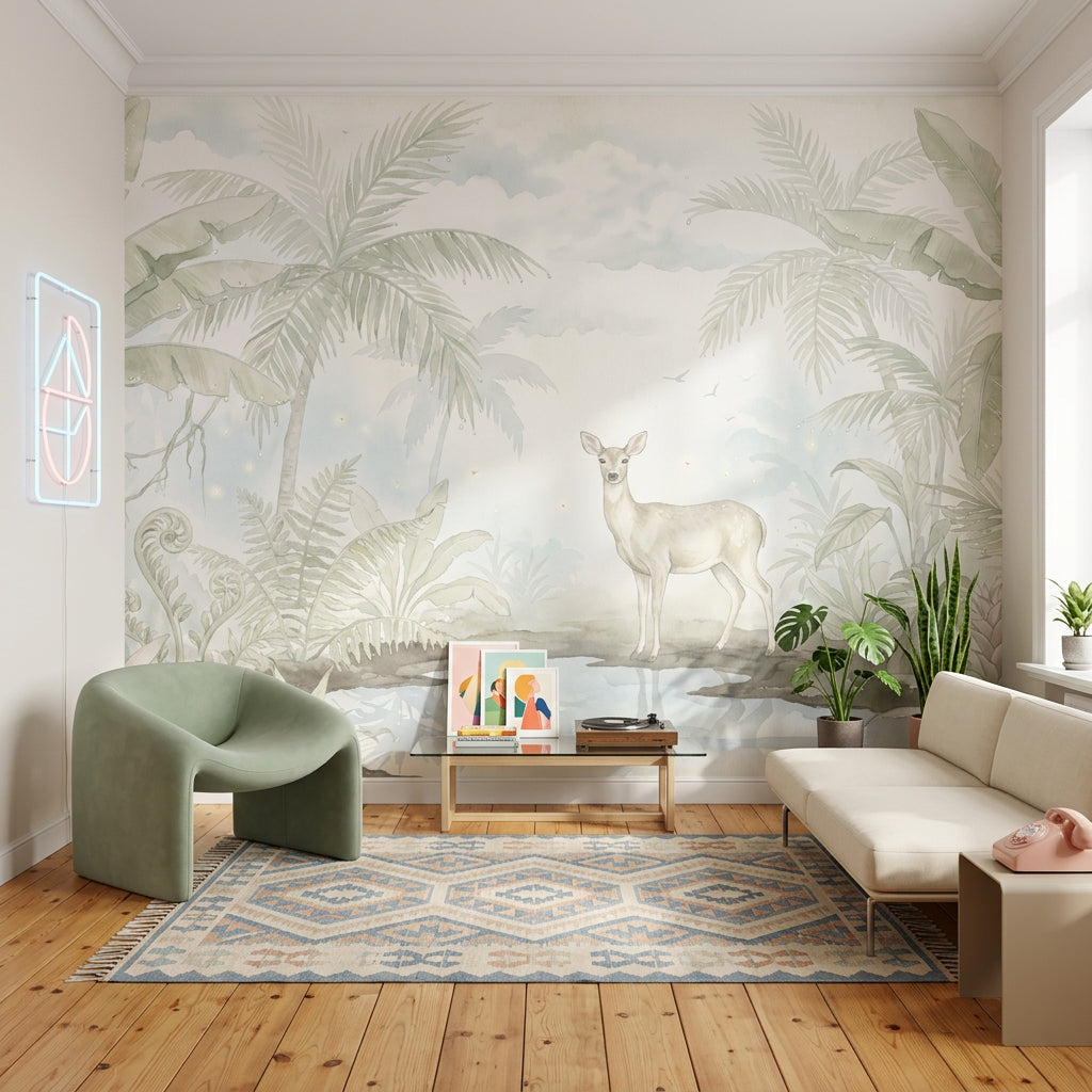 Tropikal Geyikli Poster Duvar Kağıdı Pastel Yeşil Salon