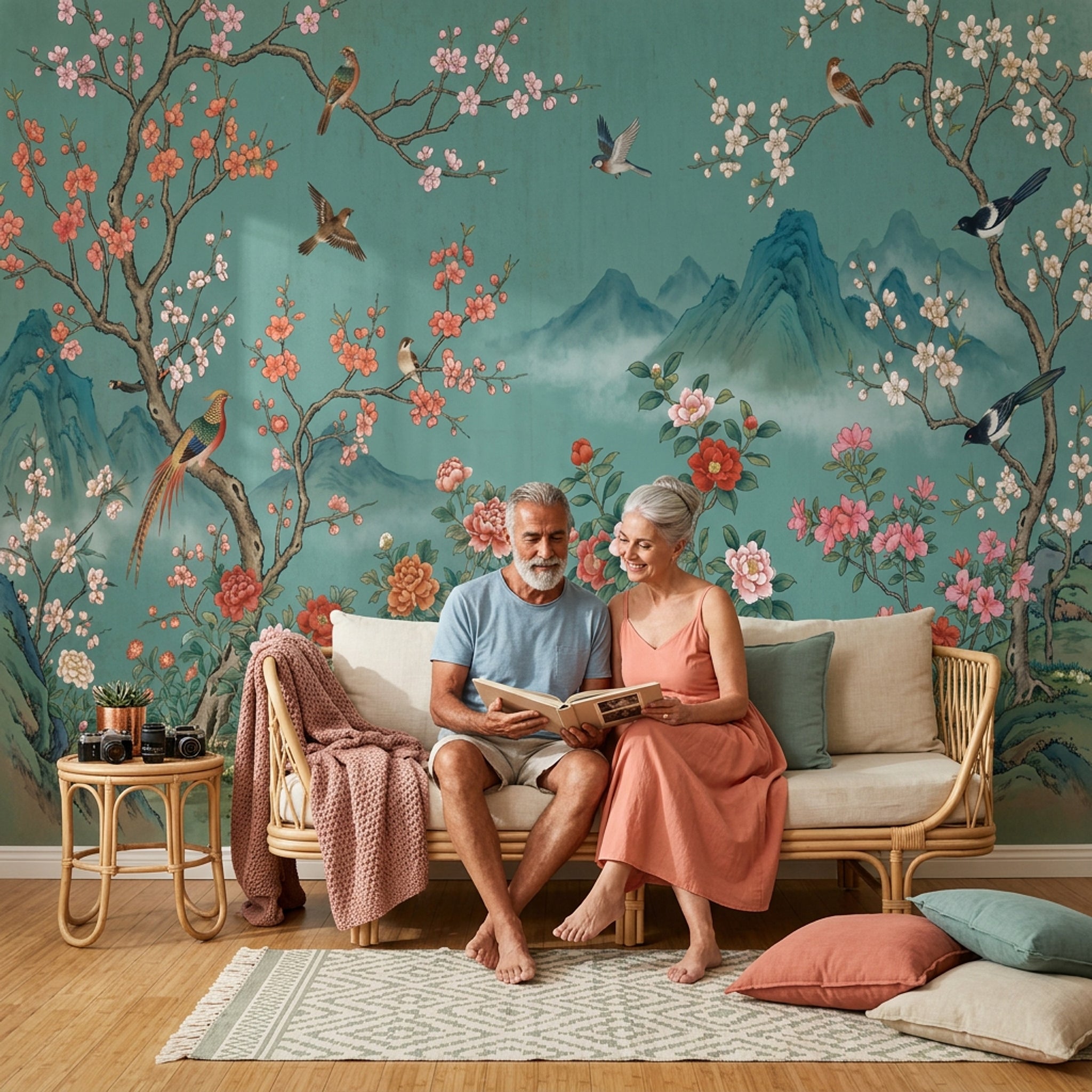 Çiçekli Kuşlu Poster Duvar Kağıdı Yeşil Manzaralı Salon