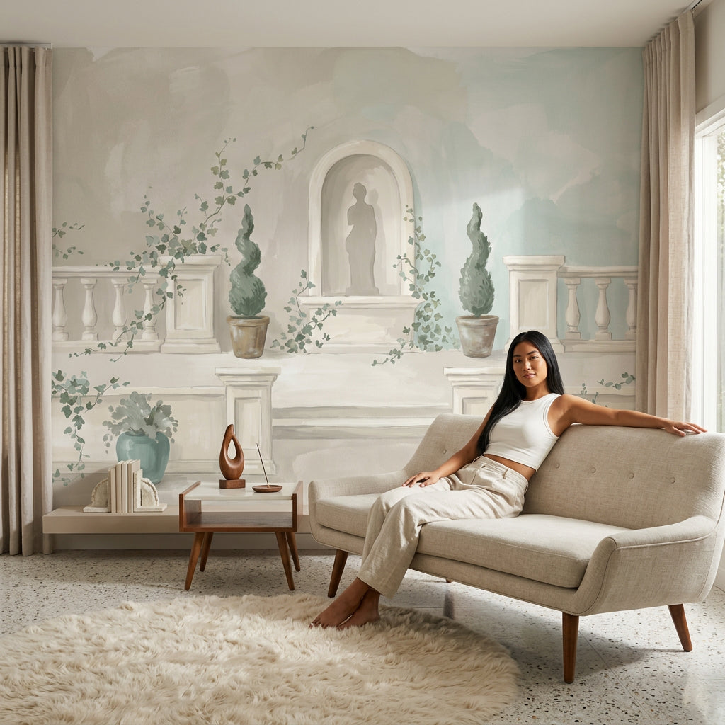 Teras Manzaralı Poster Duvar Kağıdı Pastel Yeşil Krem Salon