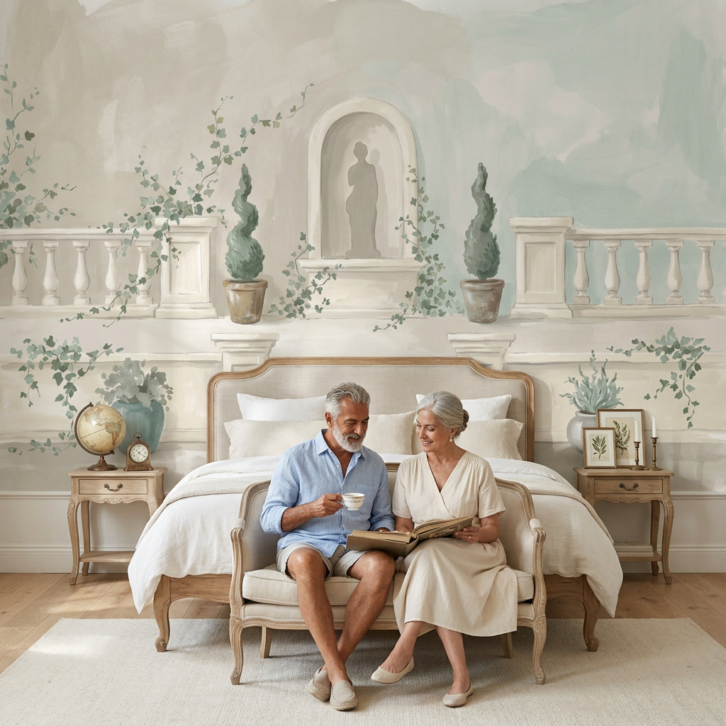 Teras Manzaralı Poster Duvar Kağıdı Pastel Yeşil Krem Salon