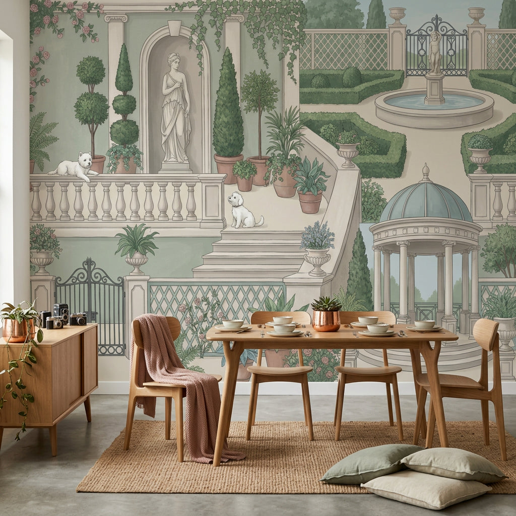 Klasik Bahçe Manzaralı Poster Duvar Kağıdı Yeşil Salon