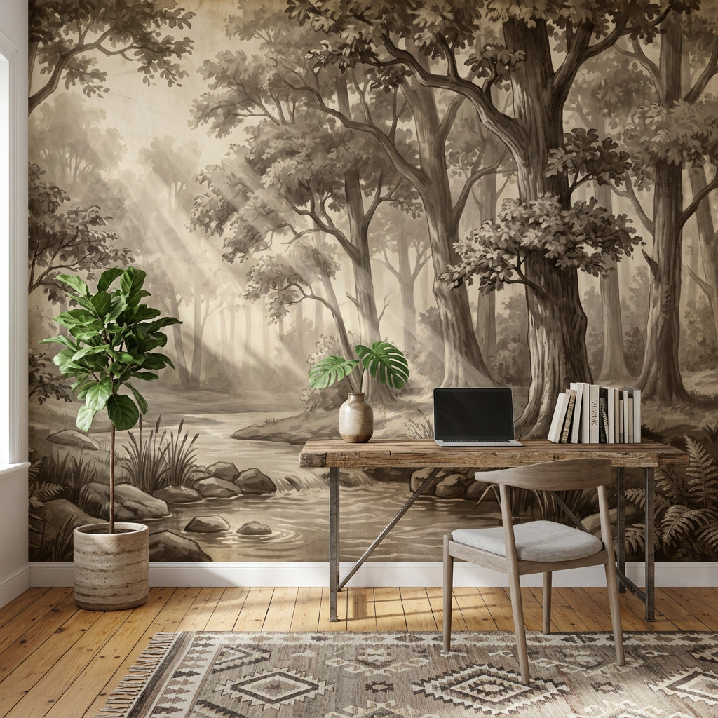 Sisli Orman Manzaralı Poster Duvar Kağıdı Sepya Ton Salon