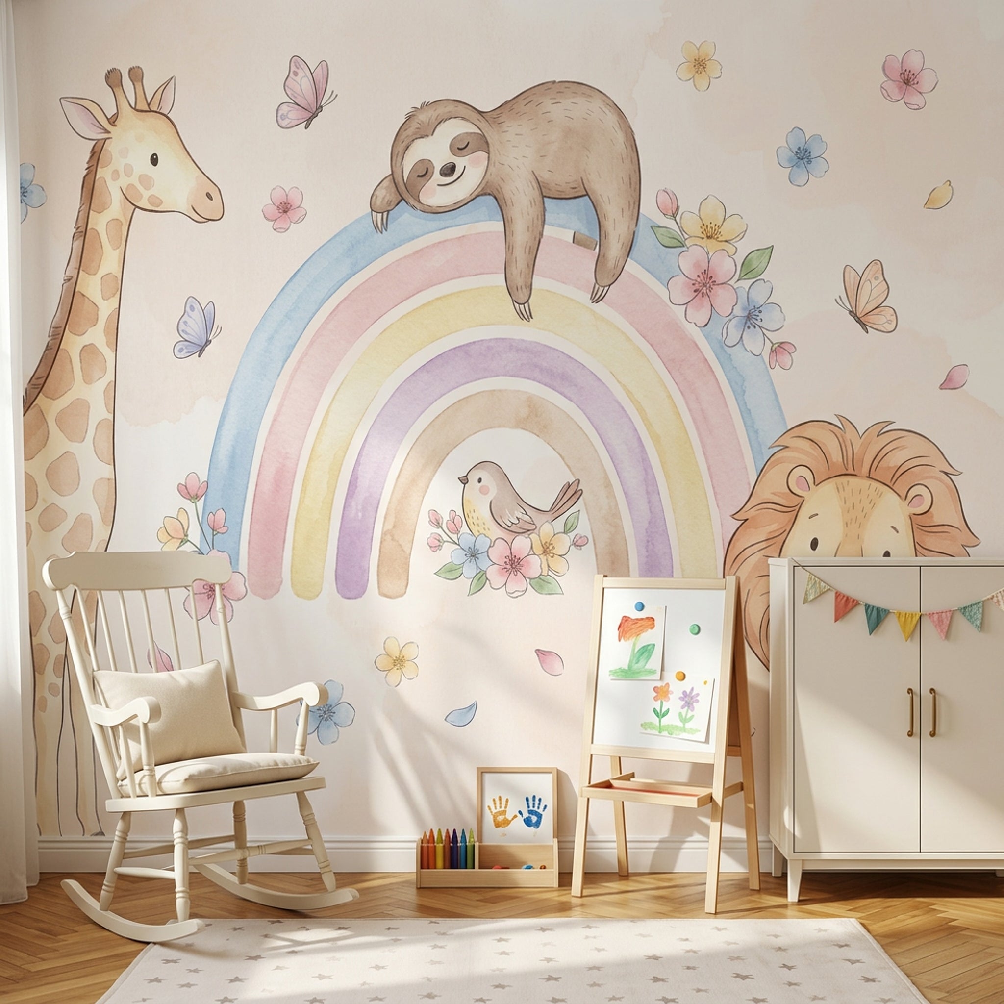 Pastel Gökkuşağı Hayvanlı Poster Duvar Kağıdı Bebek Odası