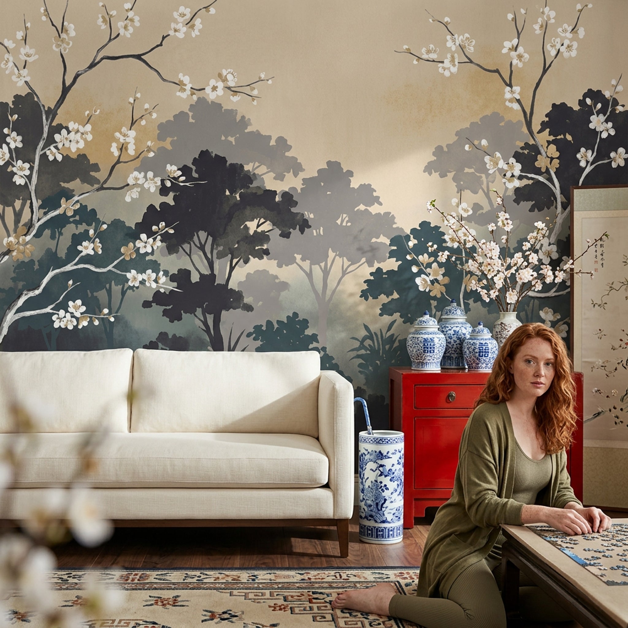 Çiçekli Dal Desenli Poster Duvar Kağıdı Bej Salon Duvarı