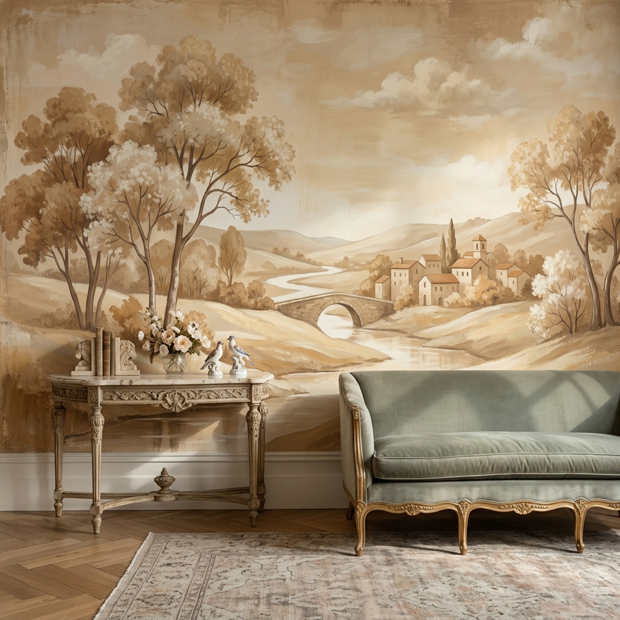 Pastoral Manzara Poster Duvar Kağıdı Bej Tonlu Salon Dekoru