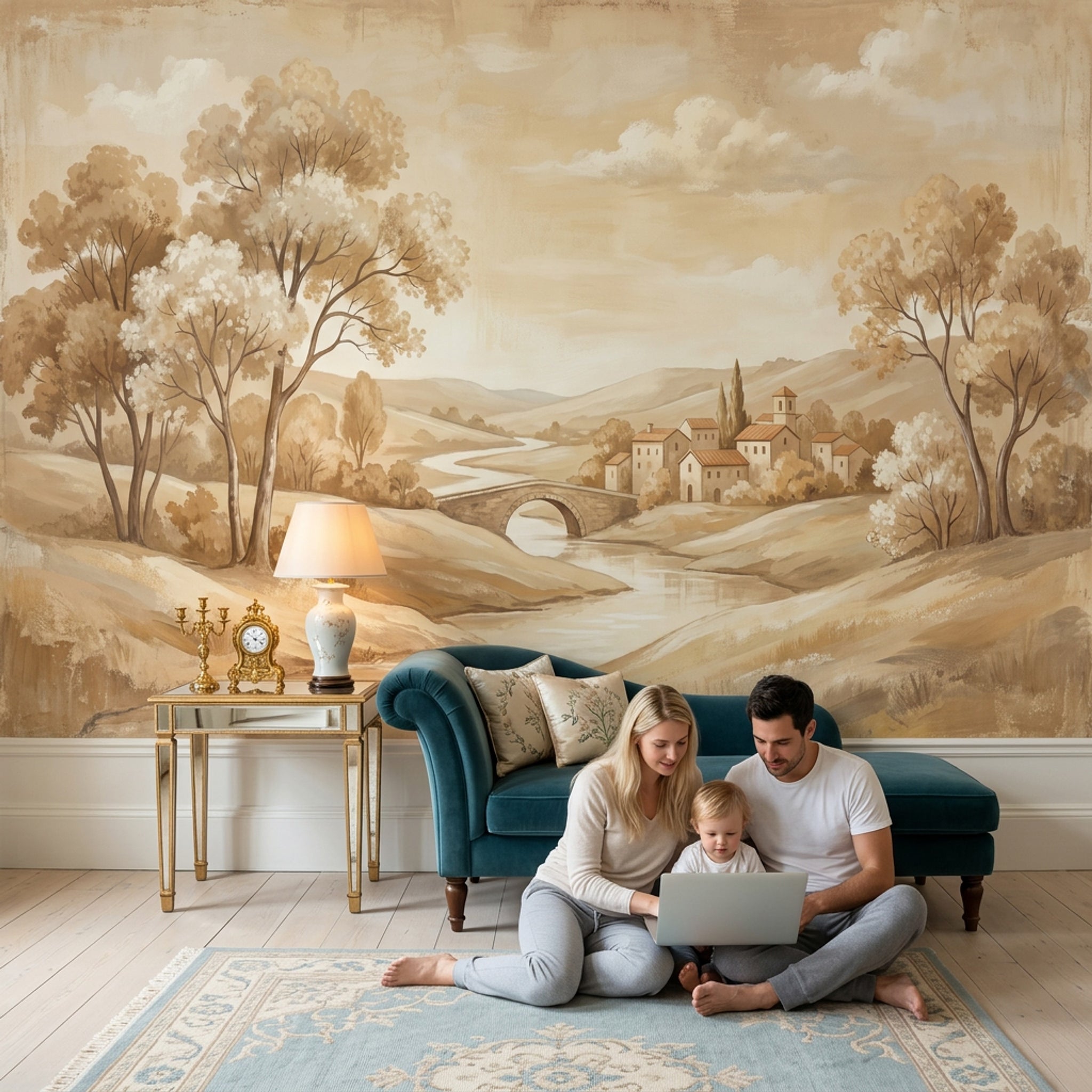 Pastoral Manzara Poster Duvar Kağıdı Bej Tonlu Salon Dekoru