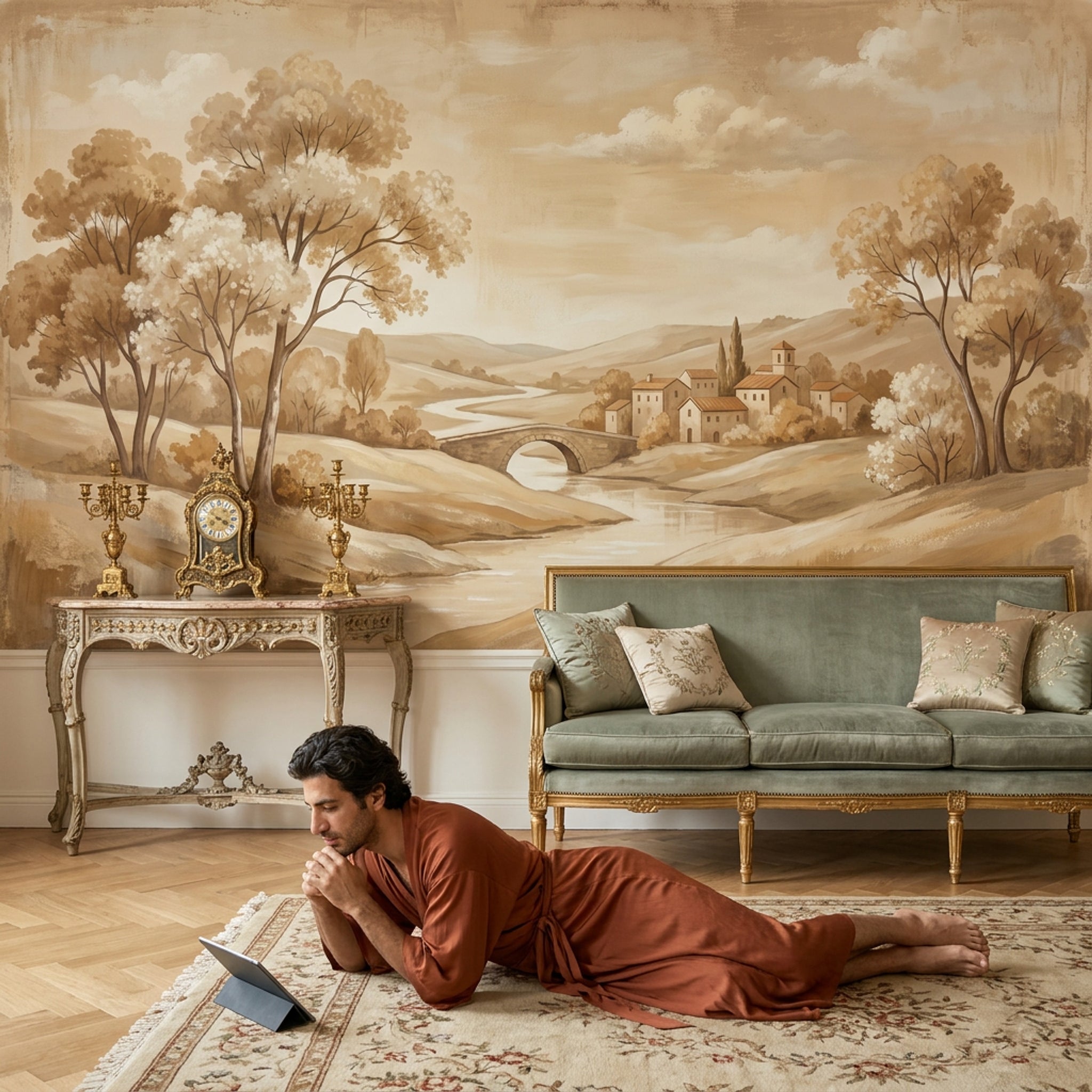 Pastoral Manzara Poster Duvar Kağıdı Bej Tonlu Salon Dekoru