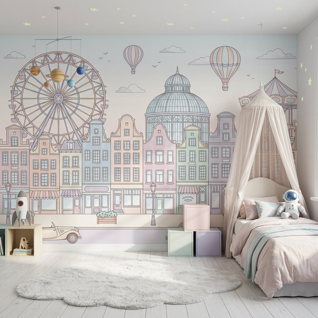 Pastel Şehir Manzaralı Poster Duvar Kağıdı Çocuk Odası Balonlu