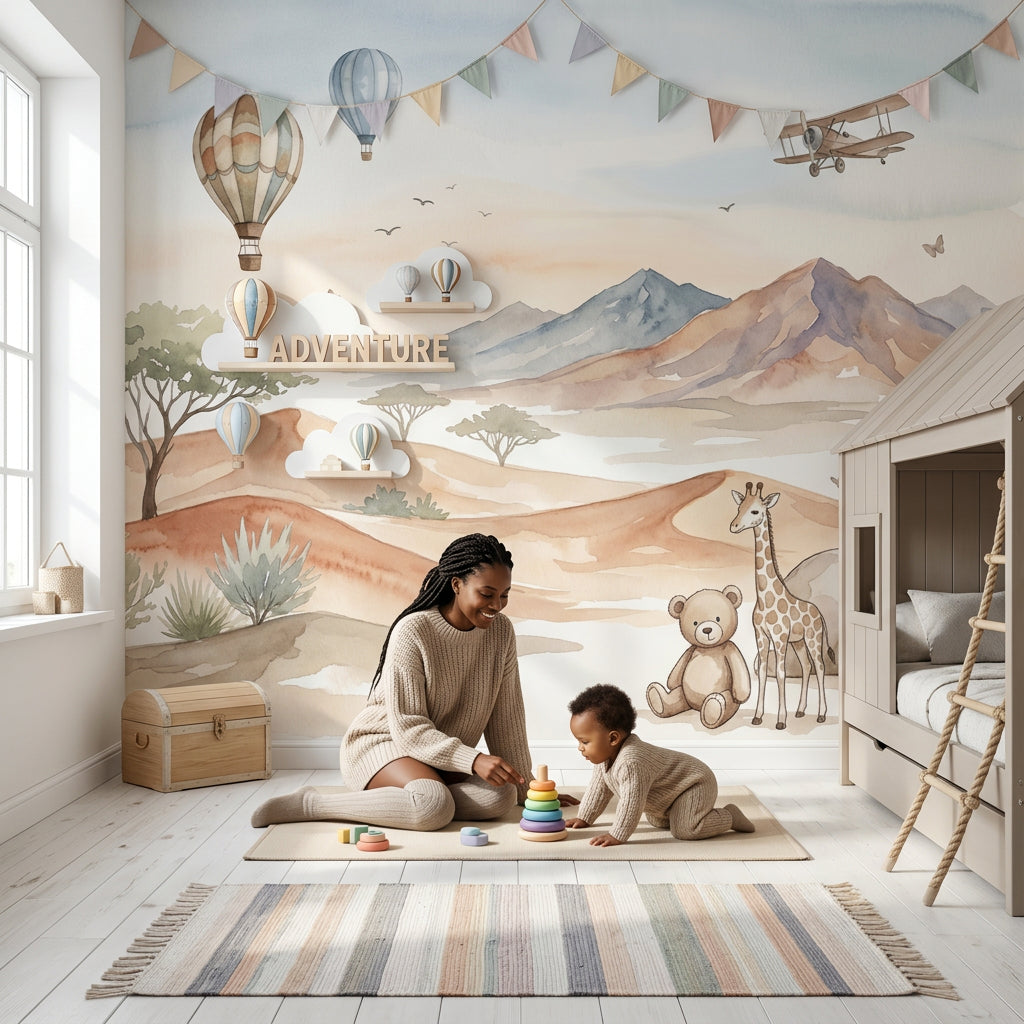 Safari Balonlu Poster Duvar Kağıdı Pastel Çocuk Odası Duvar Resmi