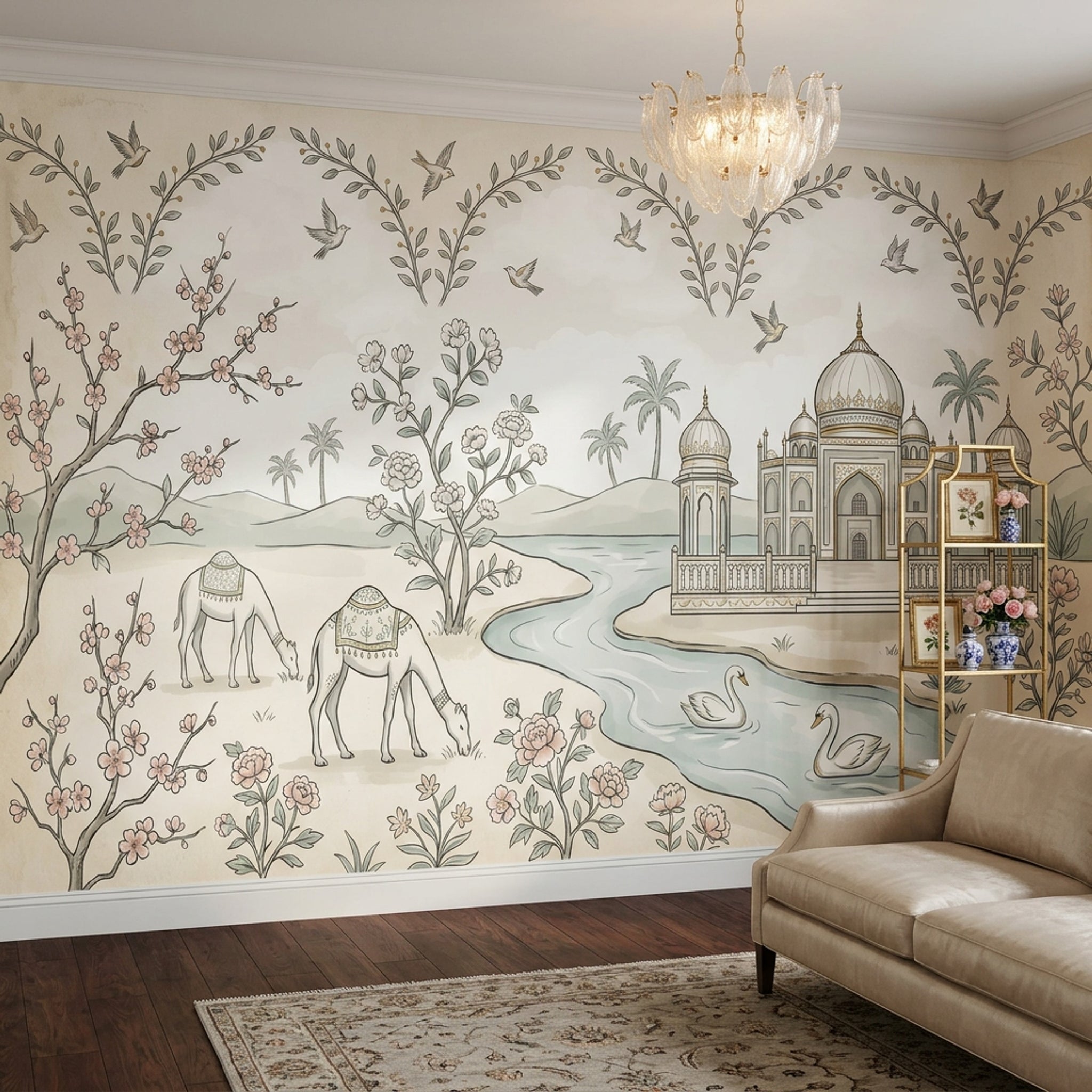 Saray ve Deve Desenli Poster Duvar Kağıdı Bej Salon