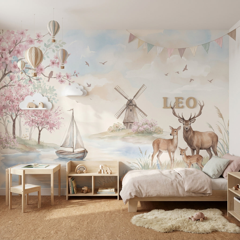 Geyikli Pastoral Poster Duvar Kağıdı Pembe Çiçekli Çocuk Odası