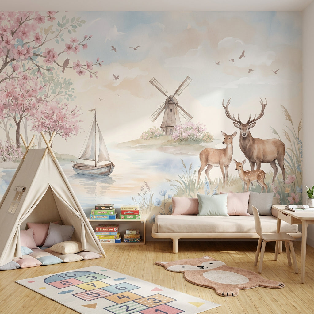 Geyikli Pastoral Poster Duvar Kağıdı Pembe Çiçekli Çocuk Odası