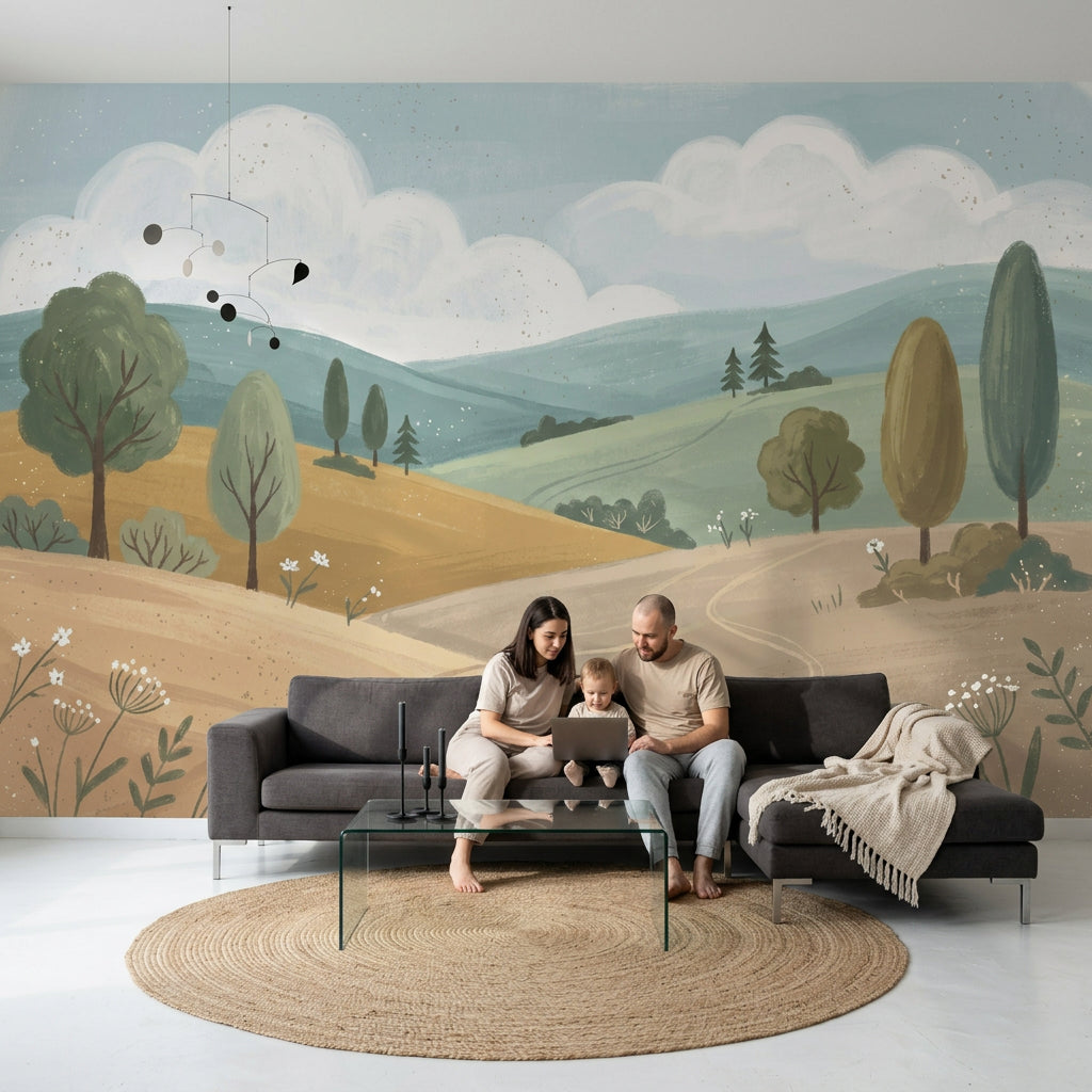 Pastel Tepeli Manzara Poster Duvar Kağıdı Bej Mavi Çocuk Odası