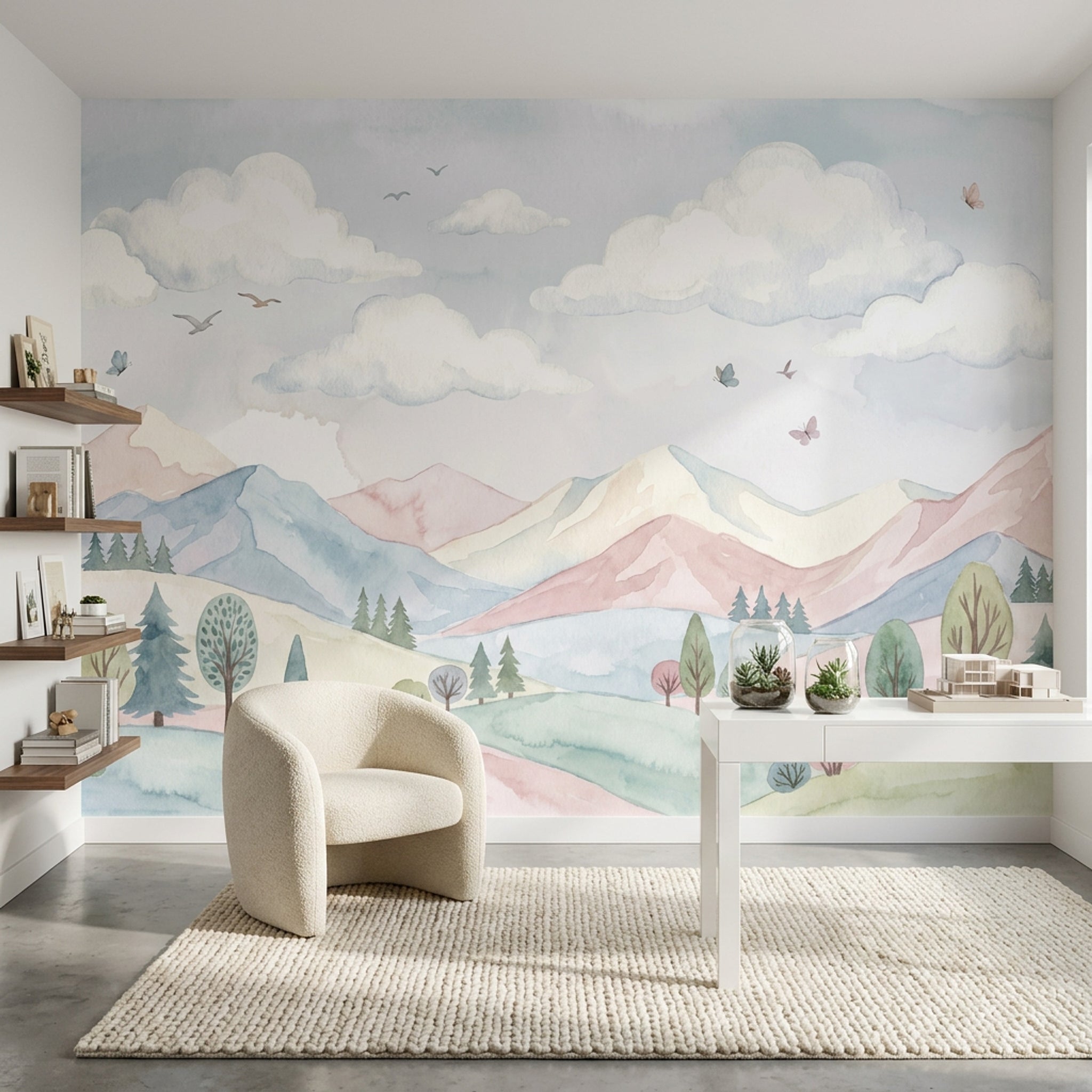 Pastel Dağ ve Bulutlu Poster Duvar Kağıdı Çocuk Odası