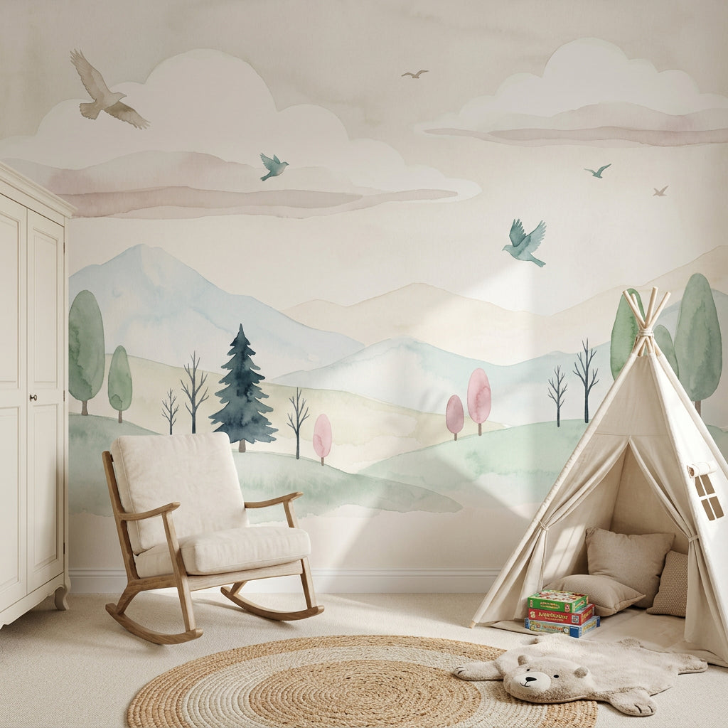 Pastel Dağ ve Kuşlu Poster Duvar Kağıdı Çocuk Odası