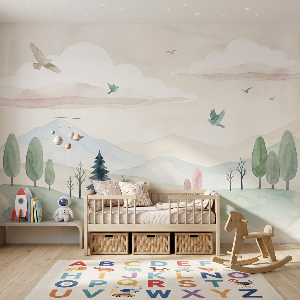 Pastel Dağ ve Kuşlu Poster Duvar Kağıdı Çocuk Odası