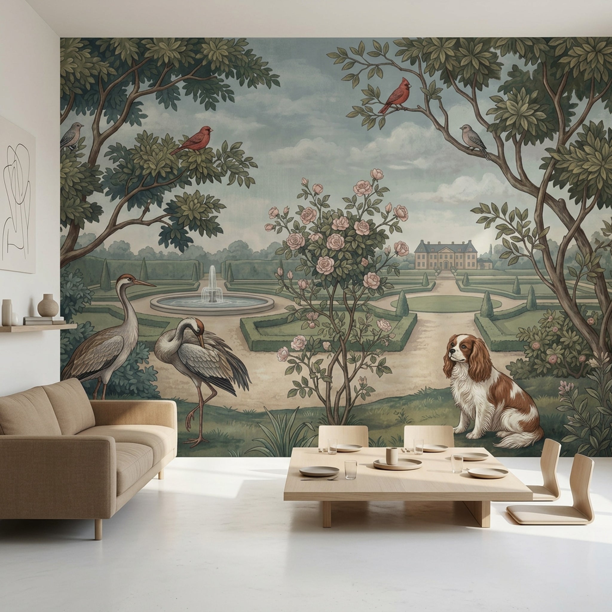 Kuşlu Bahçe Manzaralı Poster Duvar Kağıdı Yeşil Klasik Salon