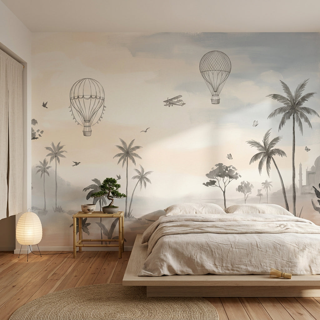 Uçan Balonlu Poster Duvar Kağıdı Pastel Gökyüzü Çocuk Odası