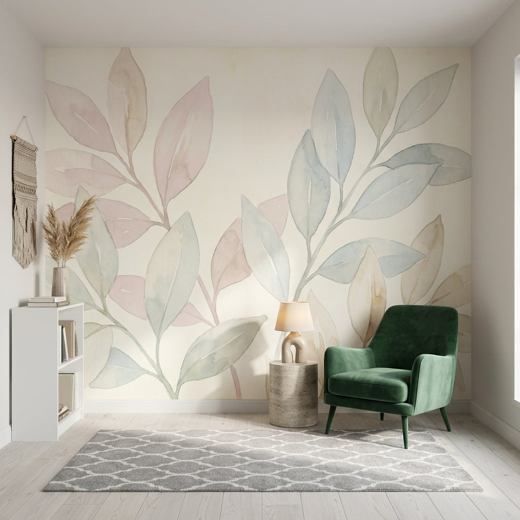 Pastel Yaprak Desenli Poster Duvar Kağıdı Modern Salon Dekoru