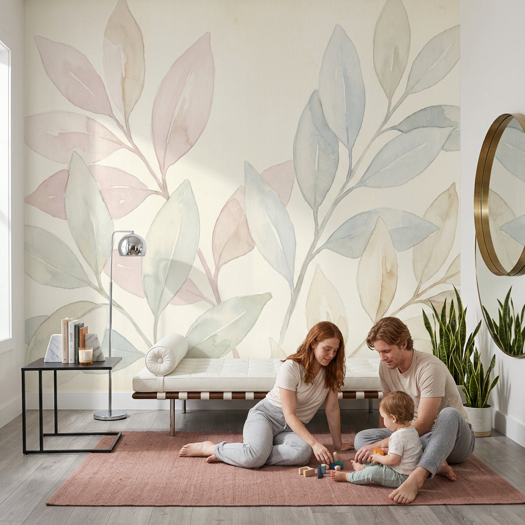Pastel Yaprak Desenli Poster Duvar Kağıdı Modern Salon Dekoru