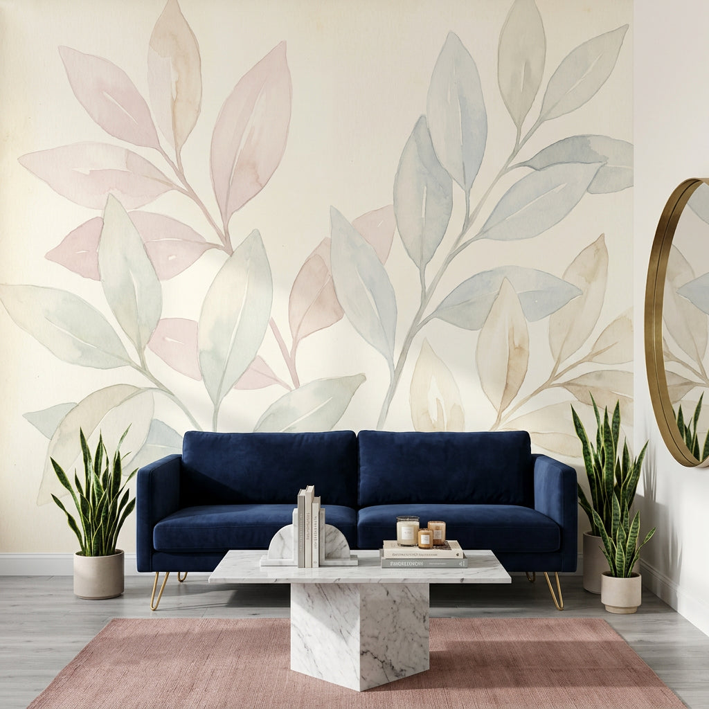 Pastel Yaprak Desenli Poster Duvar Kağıdı Modern Salon Dekoru