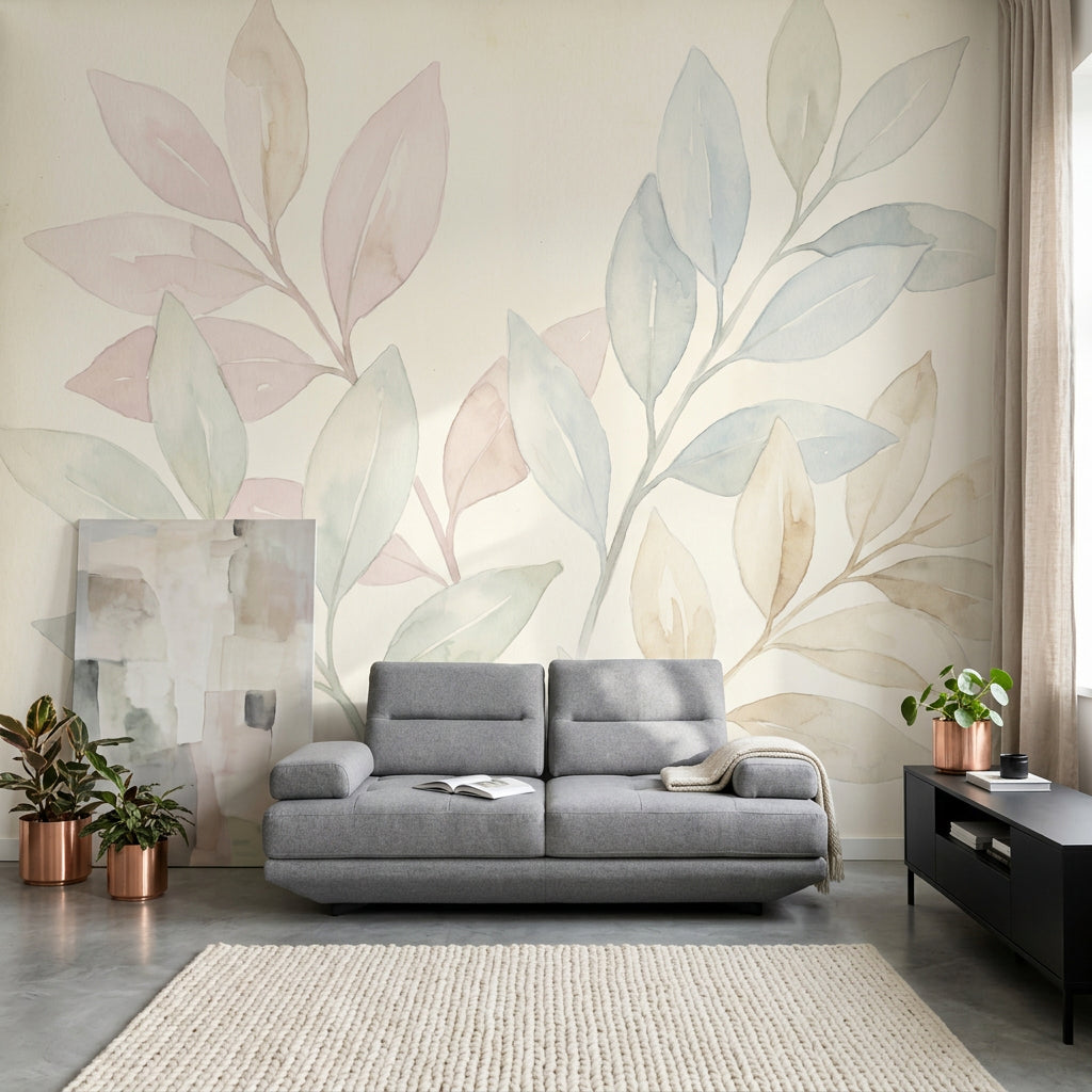 Pastel Yaprak Desenli Poster Duvar Kağıdı Modern Salon Dekoru