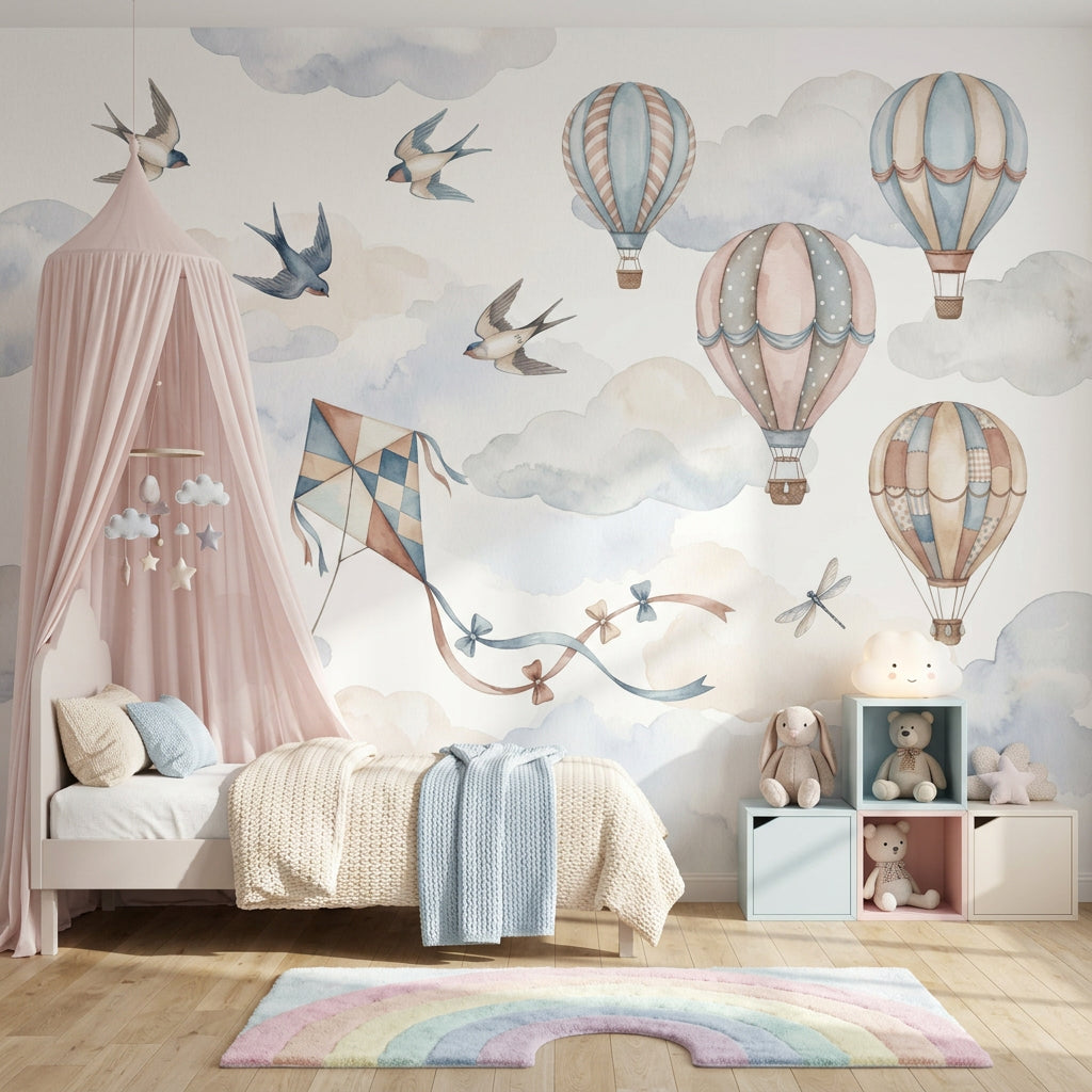 Sıcak Hava Balonlu Poster Duvar Kağıdı Pastel Çocuk Odası