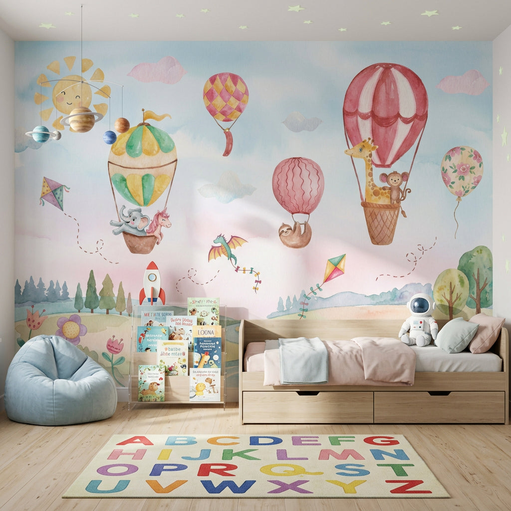 Balonlu Hayvanlı Poster Duvar Kağıdı Pastel Çocuk Odası