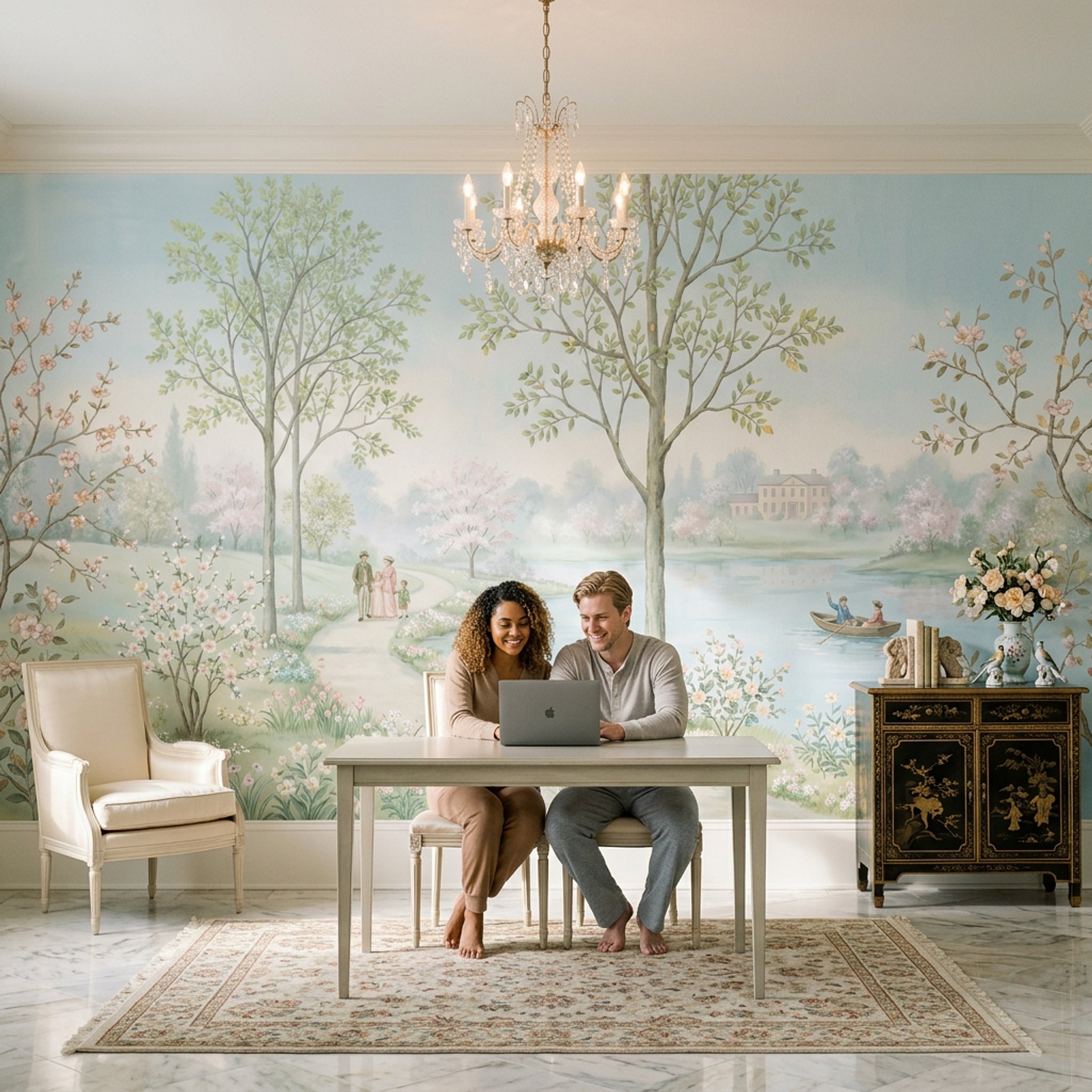 Pastel Bahar Manzaralı Poster Duvar Kağıdı Yeşil Salon Dekoru
