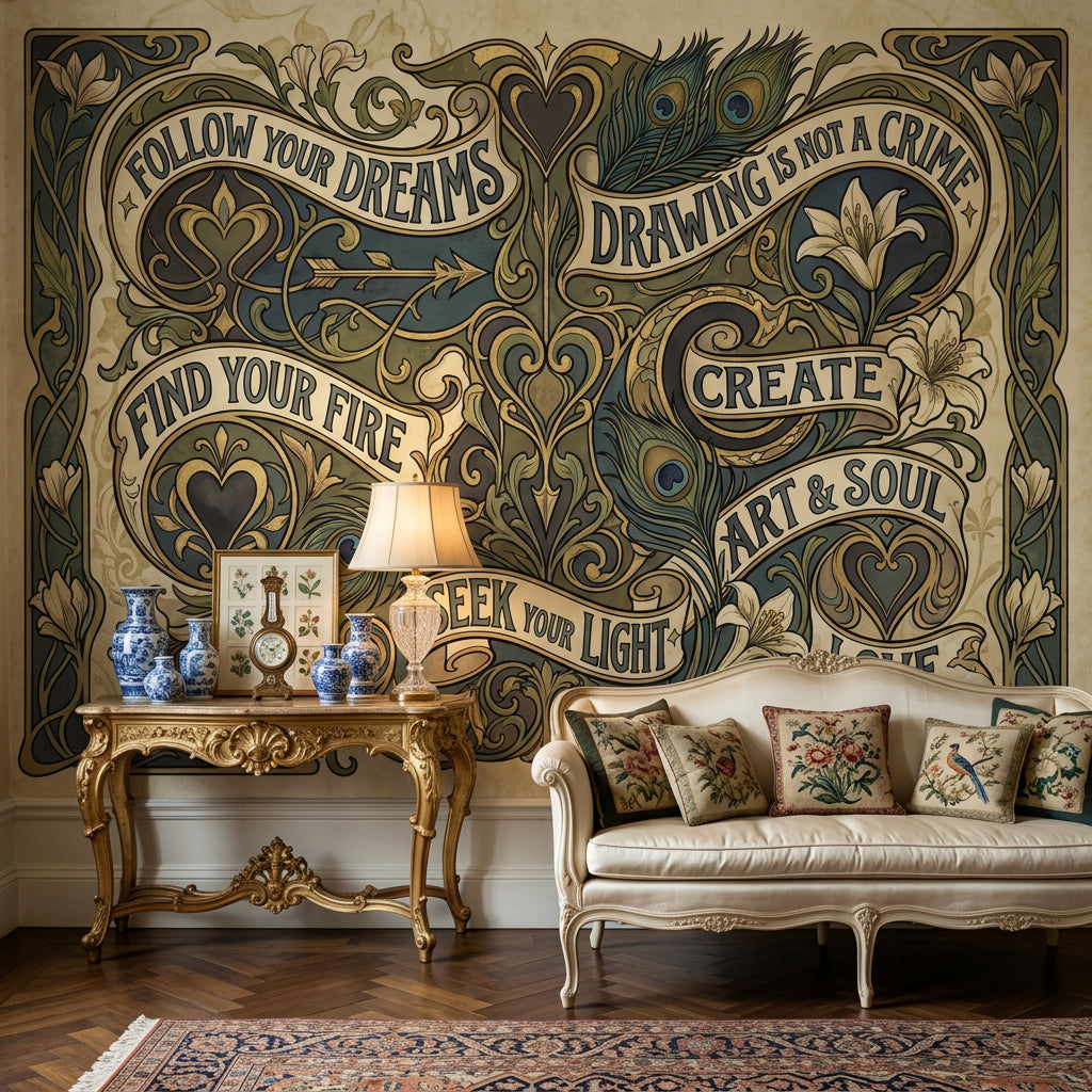Art Nouveau Yazılı Poster Duvar Kağıdı Bej Yeşil Salon