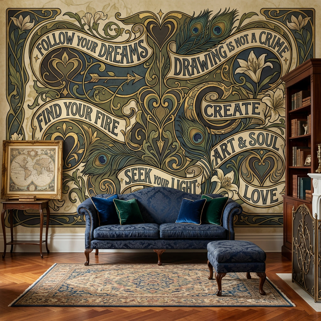 Art Nouveau Yazılı Poster Duvar Kağıdı Bej Yeşil Salon