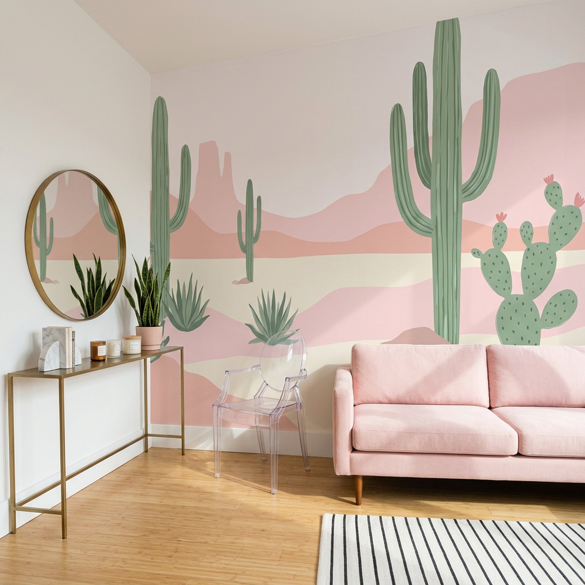 Pastel Kaktüslü Çocuk Odası Poster Duvar Kağıdı Pembe Yeşil