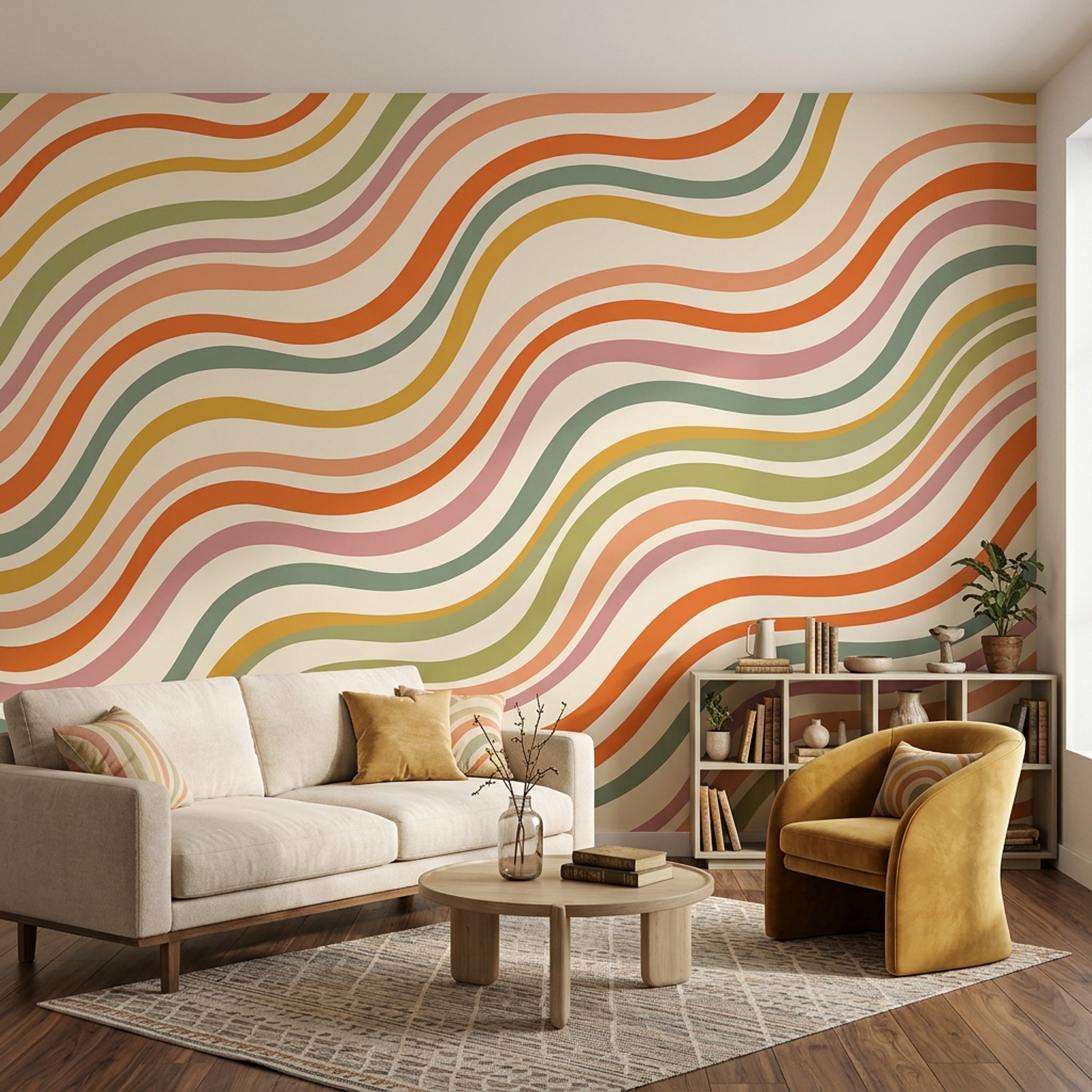 Renkli Dalgalı Çizgili Poster Duvar Kağıdı Retro Salon