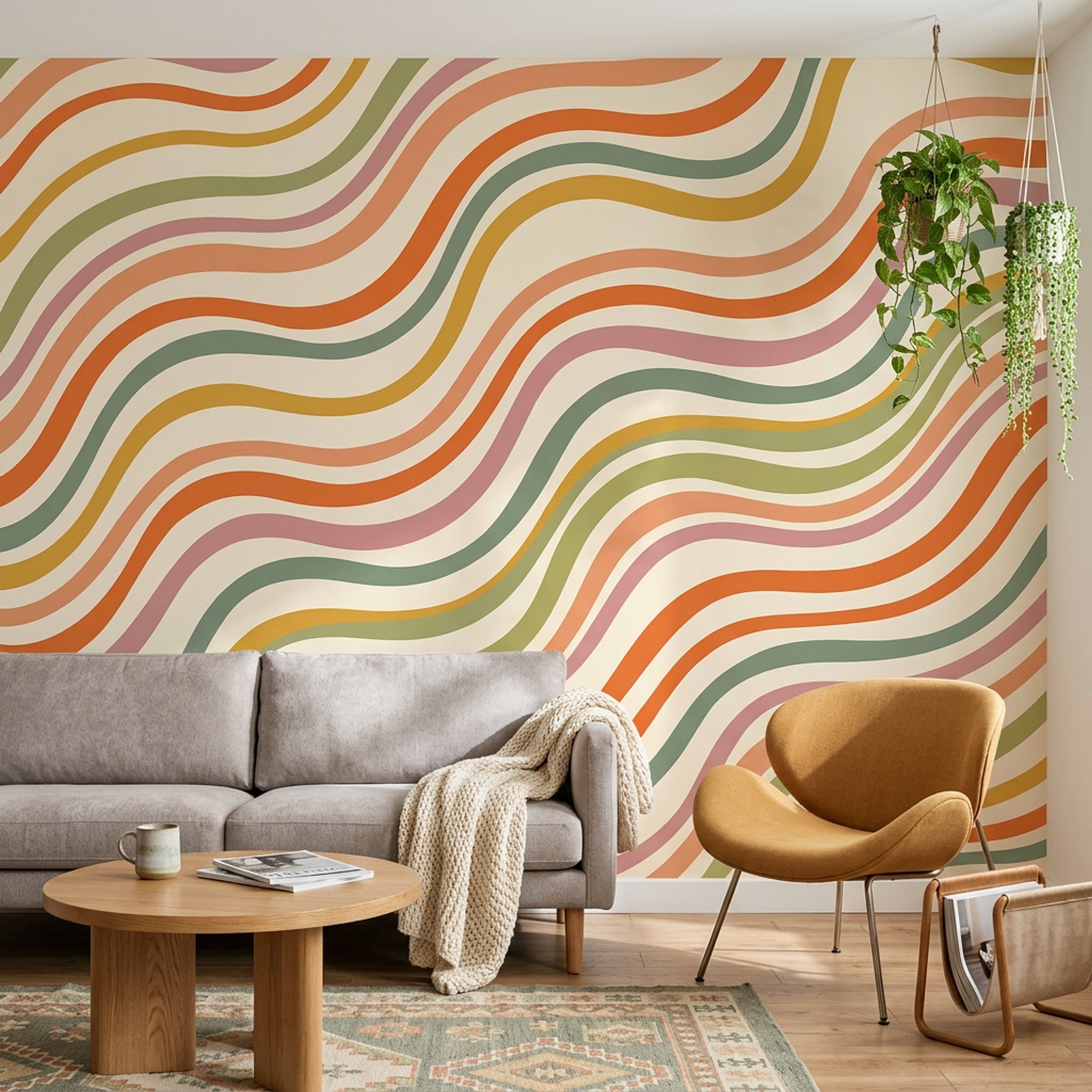 Renkli Dalgalı Çizgili Poster Duvar Kağıdı Retro Salon