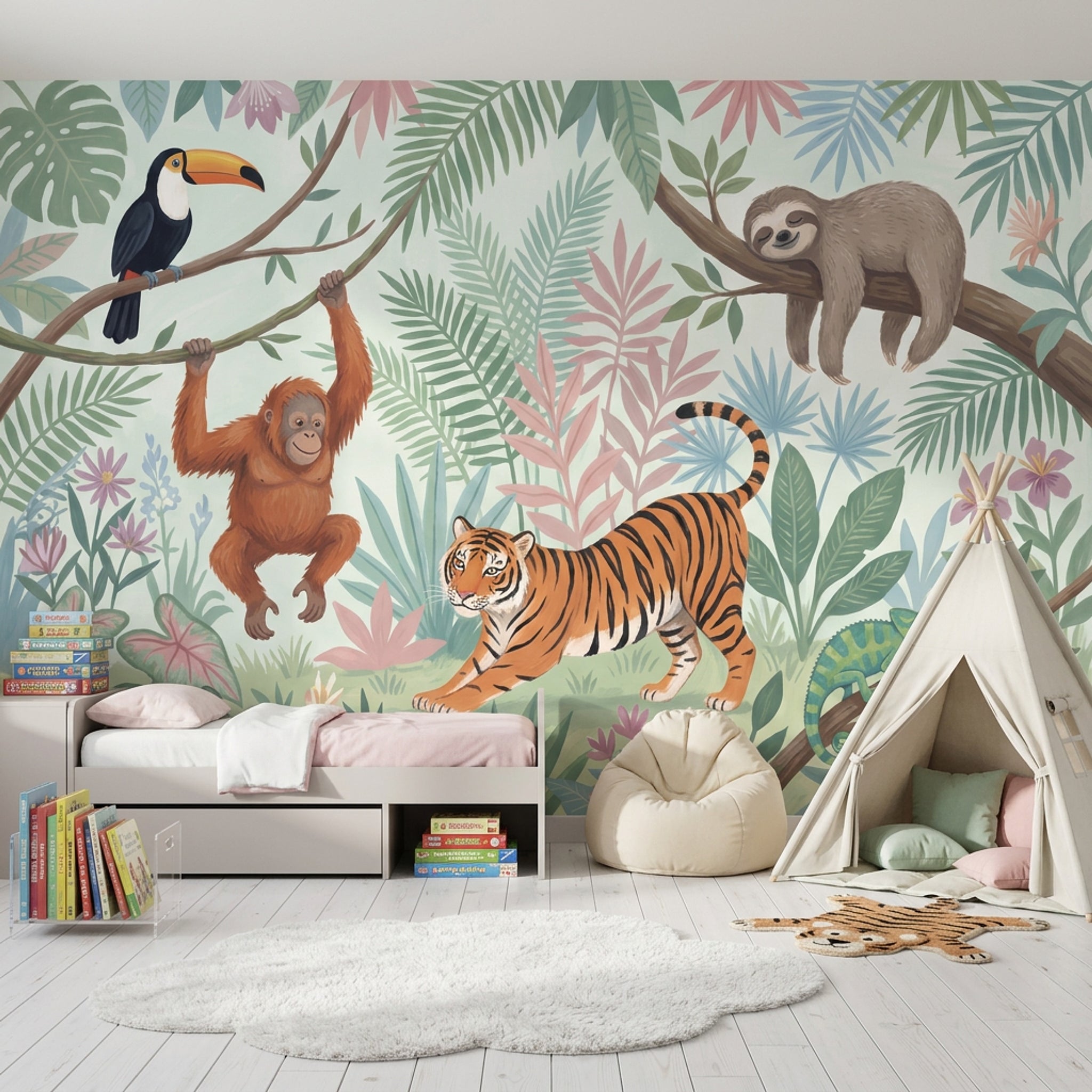 Jungle Hayvanlı Poster Duvar Kağıdı Pastel Çocuk Odası Desenli