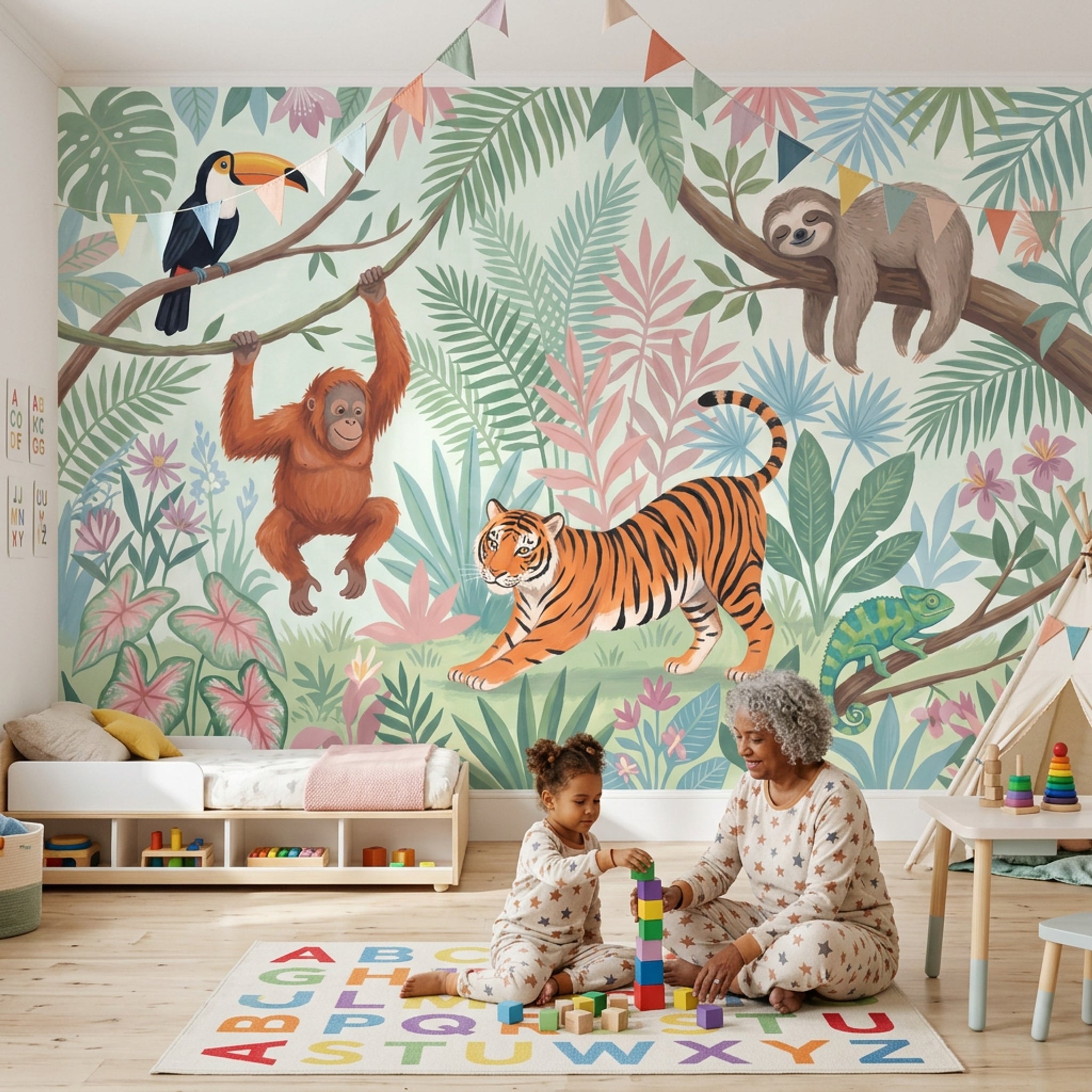 Jungle Hayvanlı Poster Duvar Kağıdı Pastel Çocuk Odası Desenli
