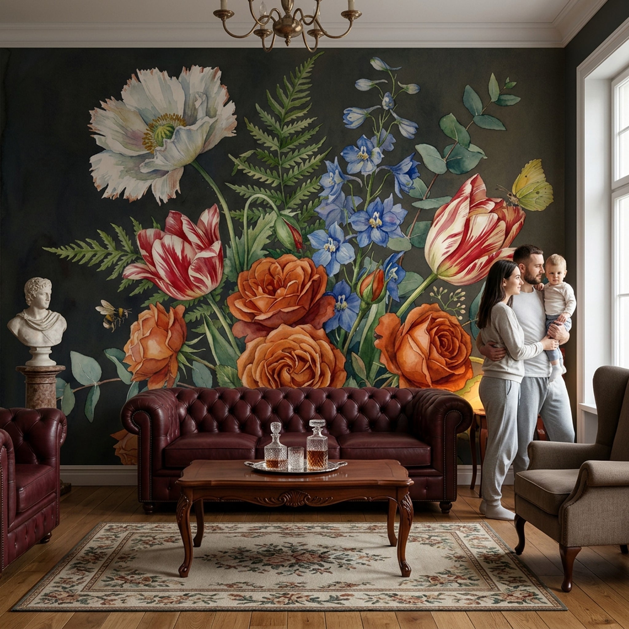 Karanlık Zeminde Büyük Çiçekli Poster Duvar Kağıdı Salon