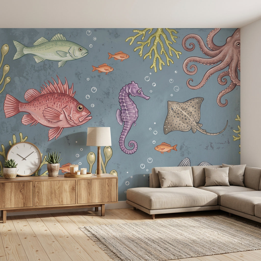 Deniz Canlıları Poster Duvar Kağıdı Mavi Çocuk Odası Desenli
