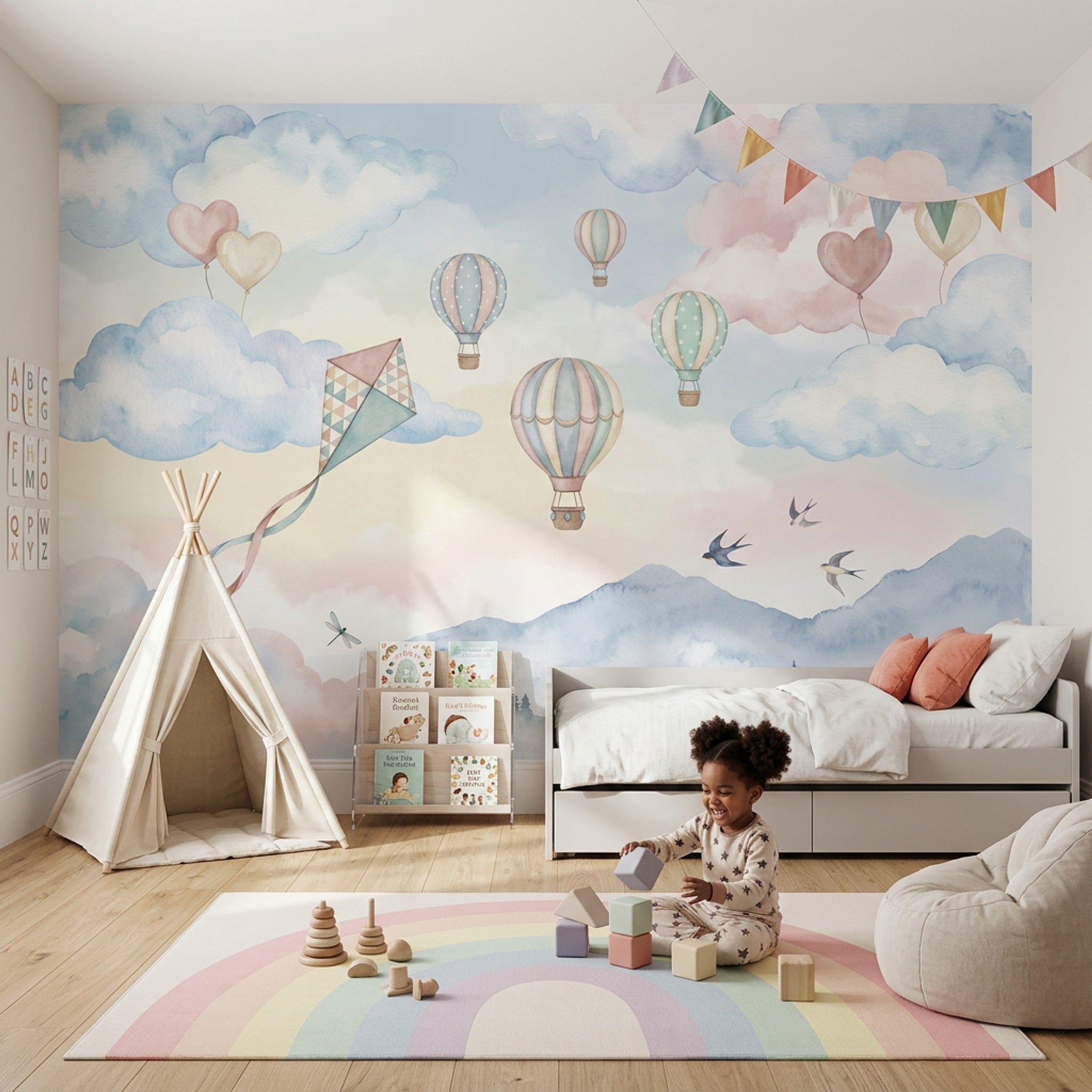 Balon ve Bulutlu Poster Duvar Kağıdı Pastel Çocuk Odası