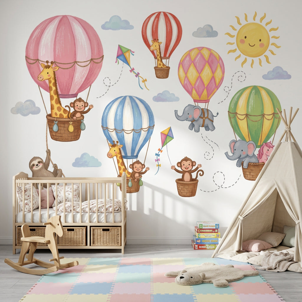 Balonlarda Hayvanlı Poster Duvar Kağıdı Pastel Çocuk Odası