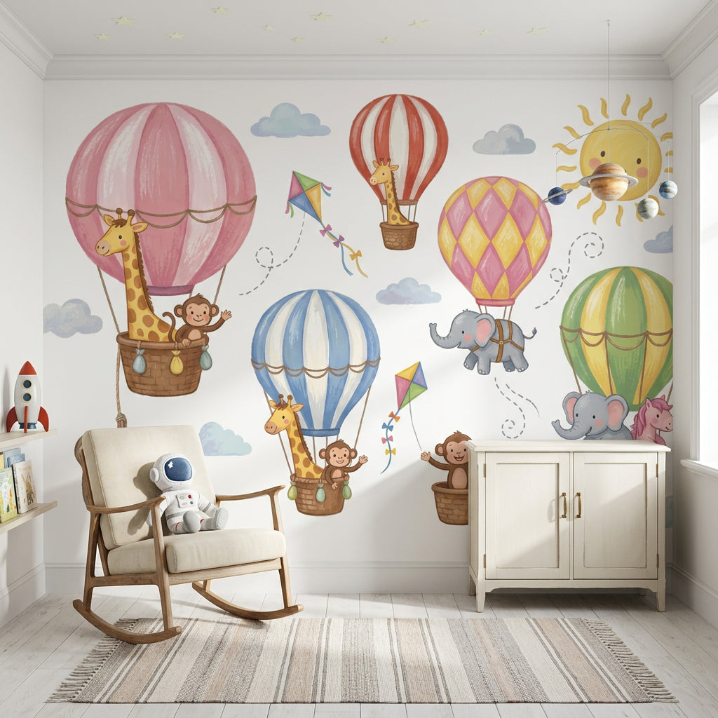Balonlarda Hayvanlı Poster Duvar Kağıdı Pastel Çocuk Odası