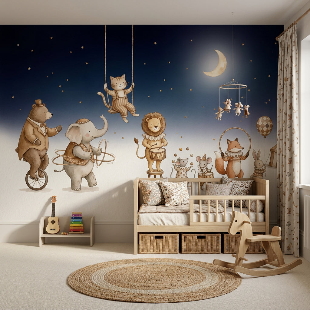 Sirk Hayvanları Poster Duvar Kağıdı Lacivert Gece Çocuk Odası