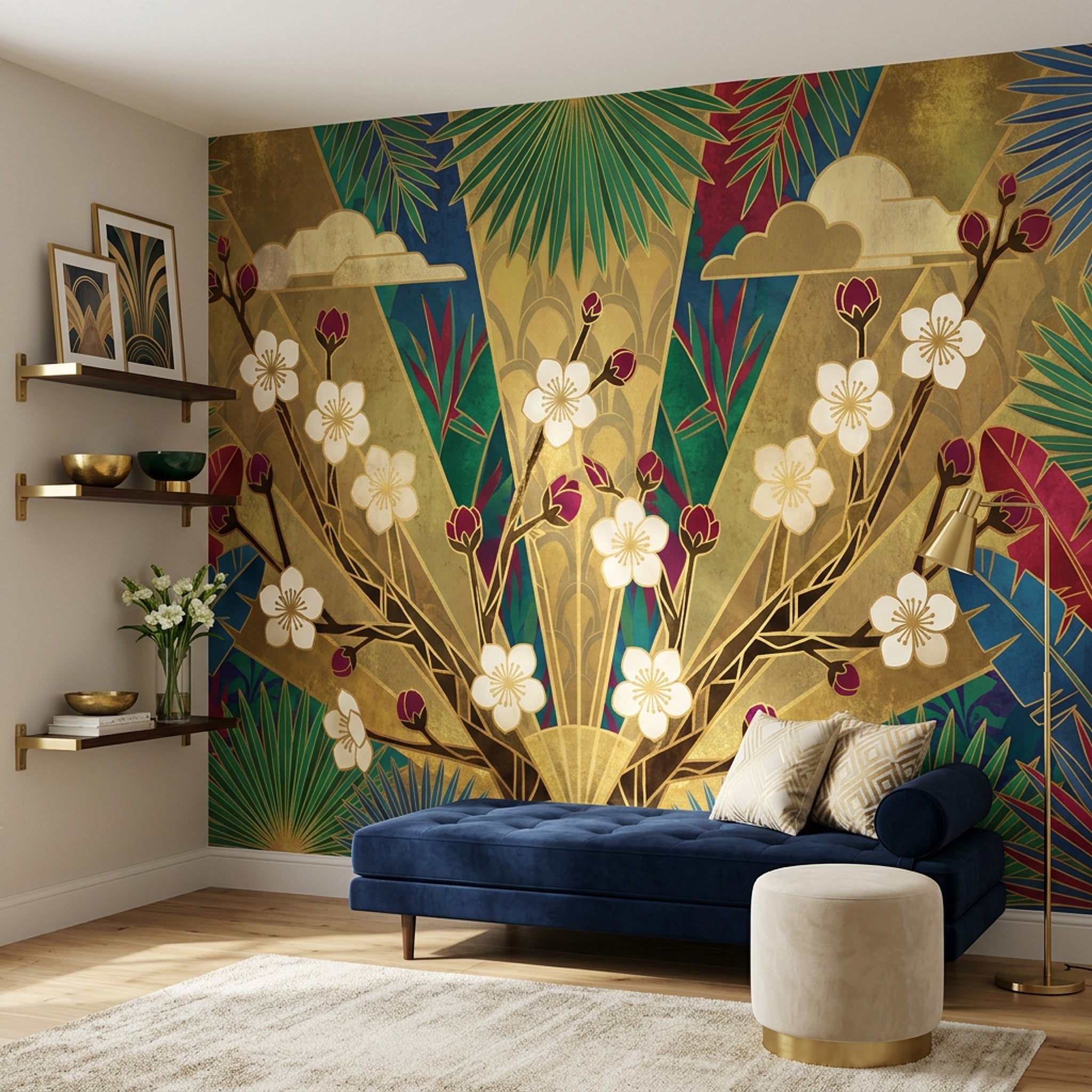 Art Deco Çiçekli Poster Duvar Kağıdı Yeşil Altın Salon