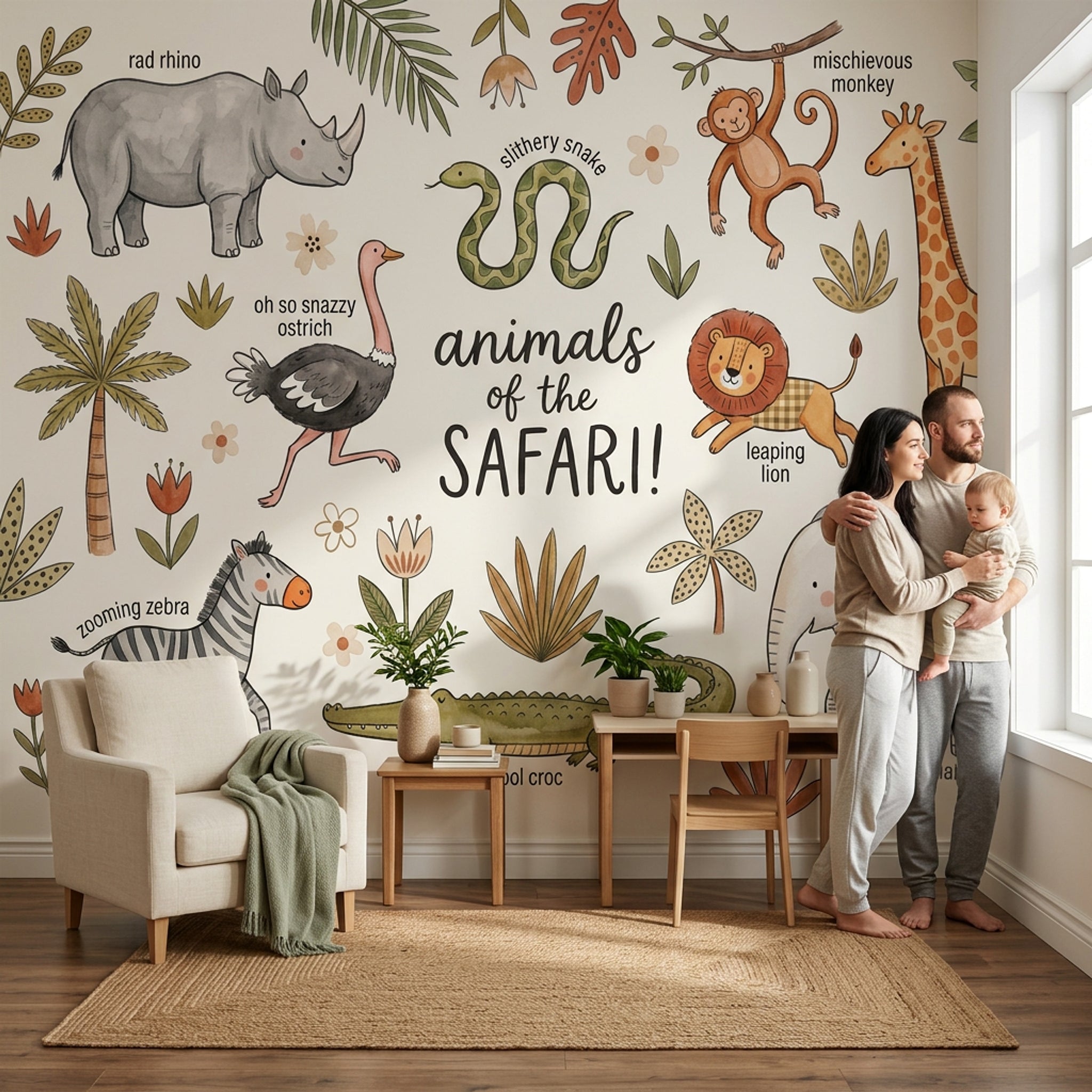 Safari Hayvanlı Poster Duvar Kağıdı Bej Çocuk Odası Deseni
