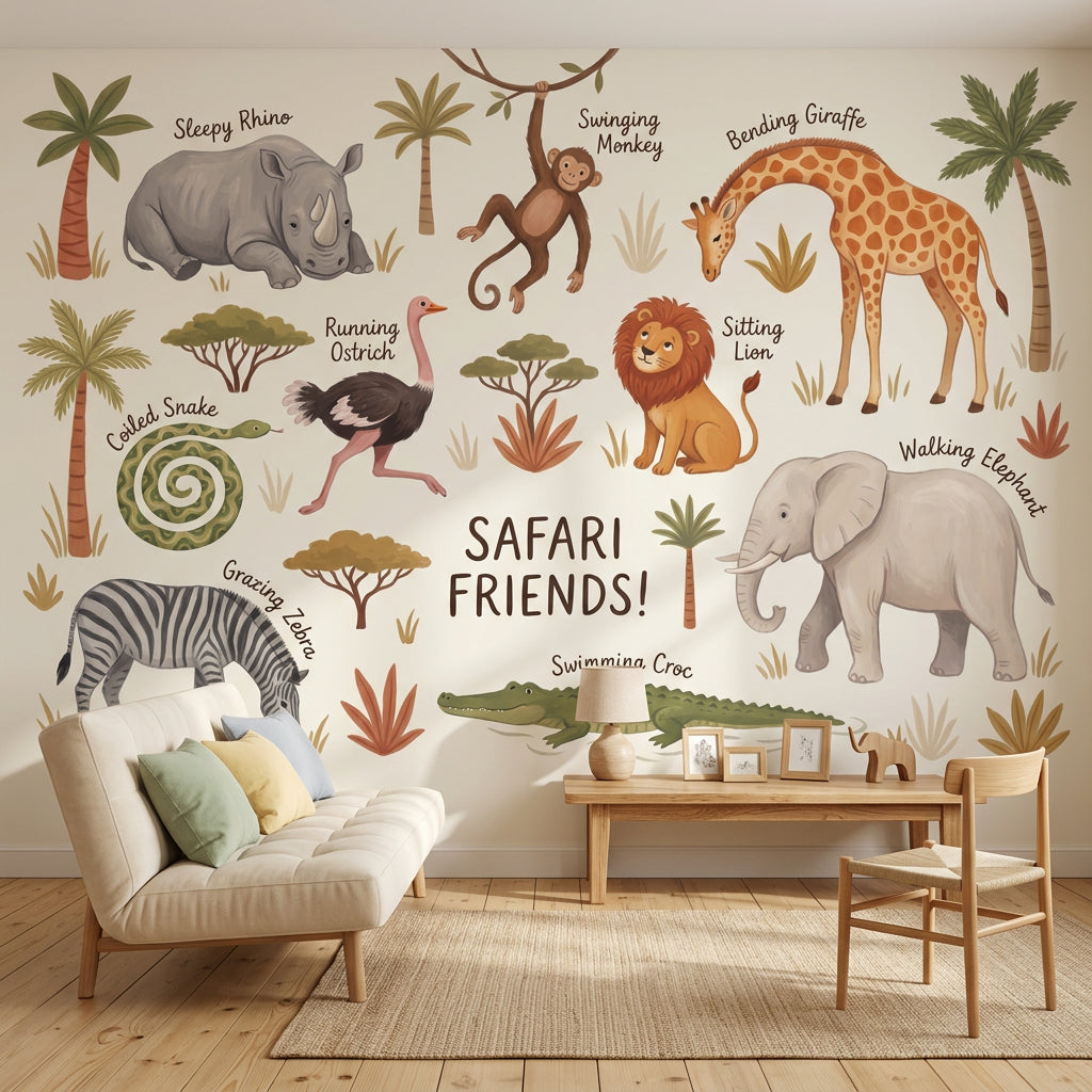 Safari Hayvanları Poster Duvar Kağıdı Çocuk Odası Bej Desenli