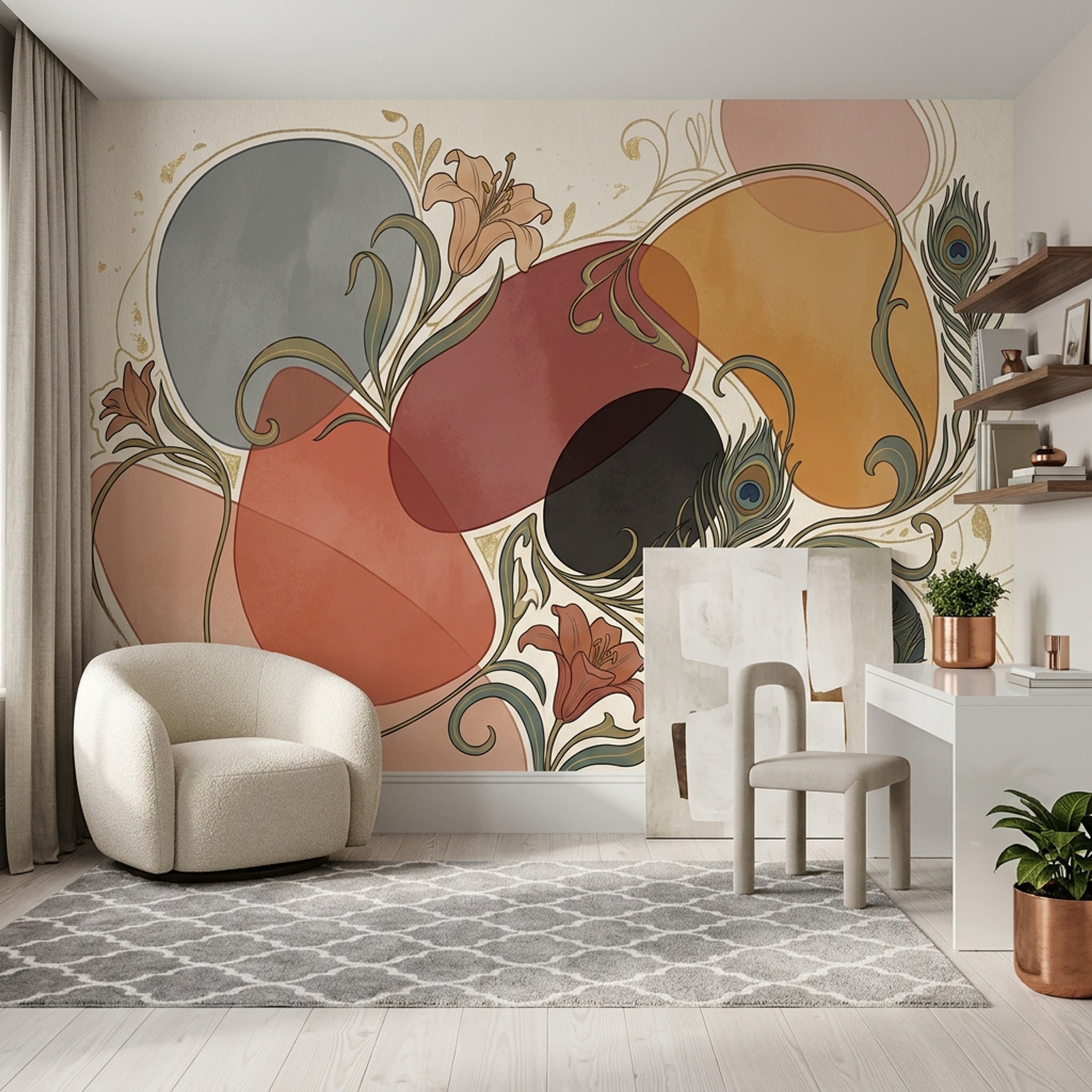 Art Deco Tavus Kuşu Poster Duvar Kağıdı Terracotta Salon