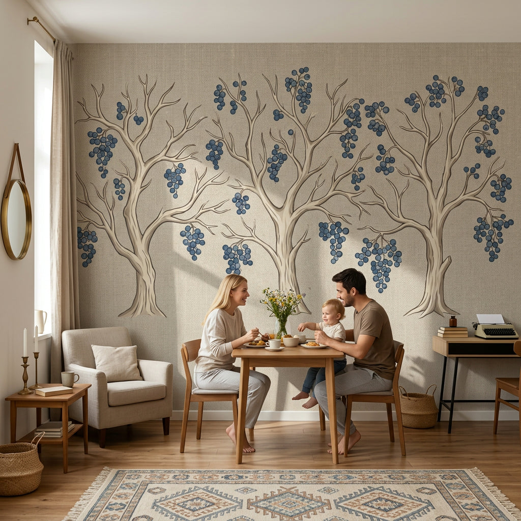 Meyveli Ağaç Desenli Poster Duvar Kağıdı Lacivert Bej Salon