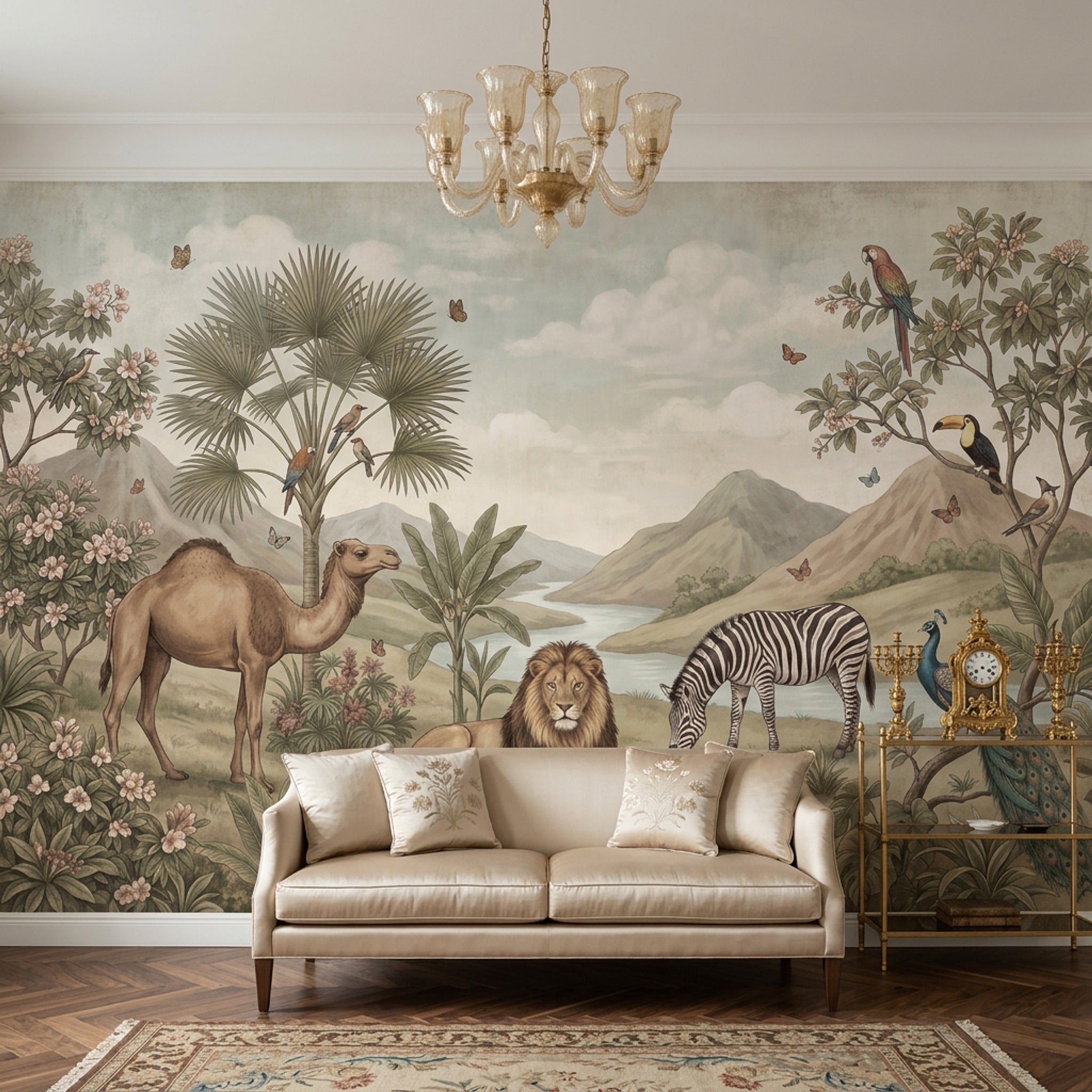 Safari Hayvanlı Poster Duvar Kağıdı Bej Yeşil Salon