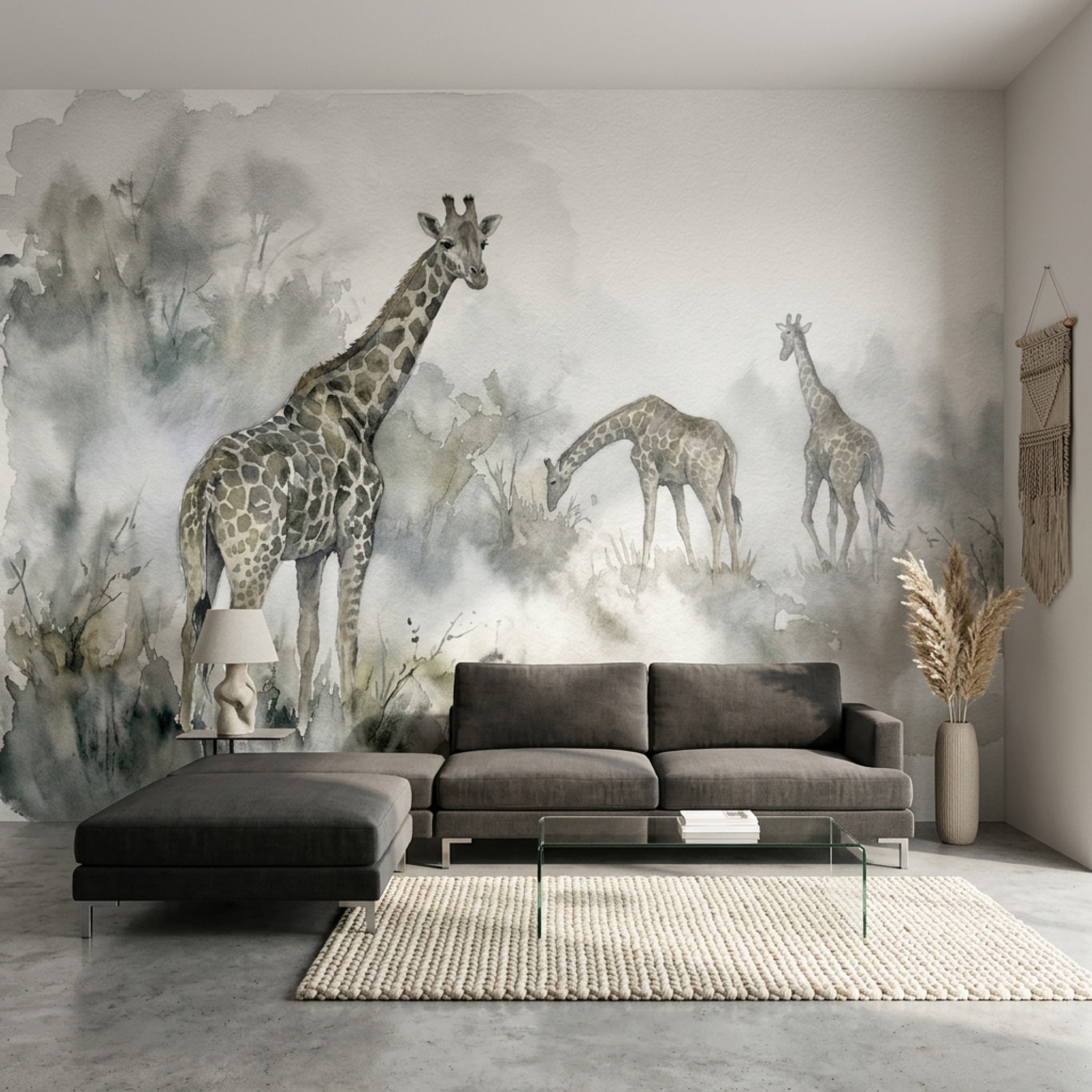 Suluboya Zürafalı Poster Duvar Kağıdı Gri Safari Desenli