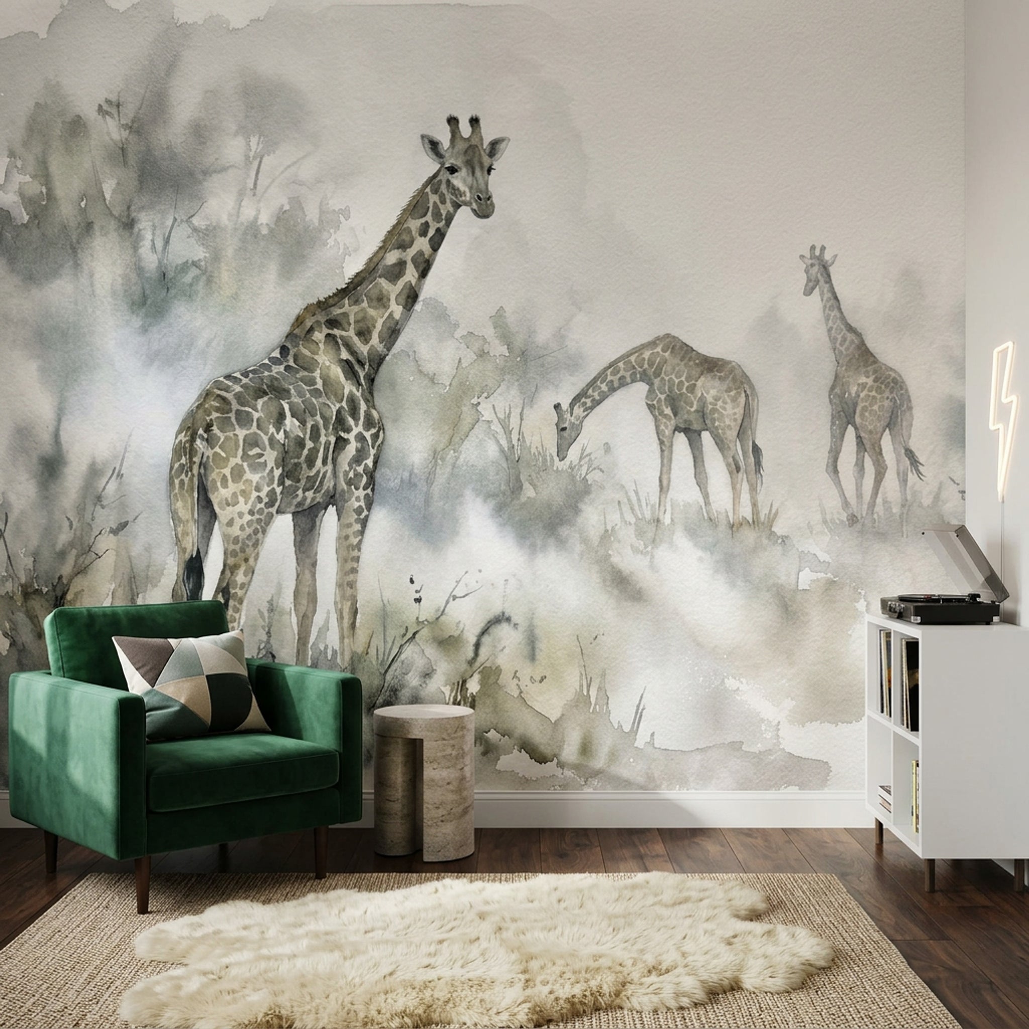 Suluboya Zürafalı Poster Duvar Kağıdı Gri Safari Desenli